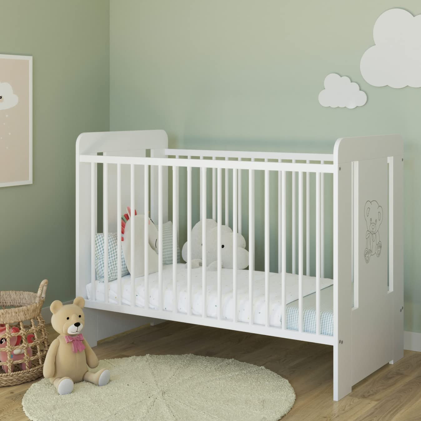Kids Collective Lit bébé à barreaux avec Motif Ourson - Réglable en Hauteur - 60 x 120 cm - avec barreaux Amovibles - Blanc - Fabriqué en Europe