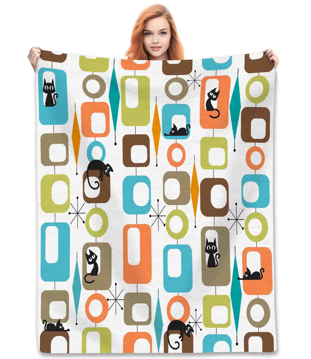 Mid Century Modern Throw Blanket, Retro Geometric Atomic Abstract Pattern Middle Century 1950s 1960s Fuzzy Fleece Fannel Blankets for Sofa Bed Chair Couch Bedroom Living Room Gifts, 40"x50" Inch