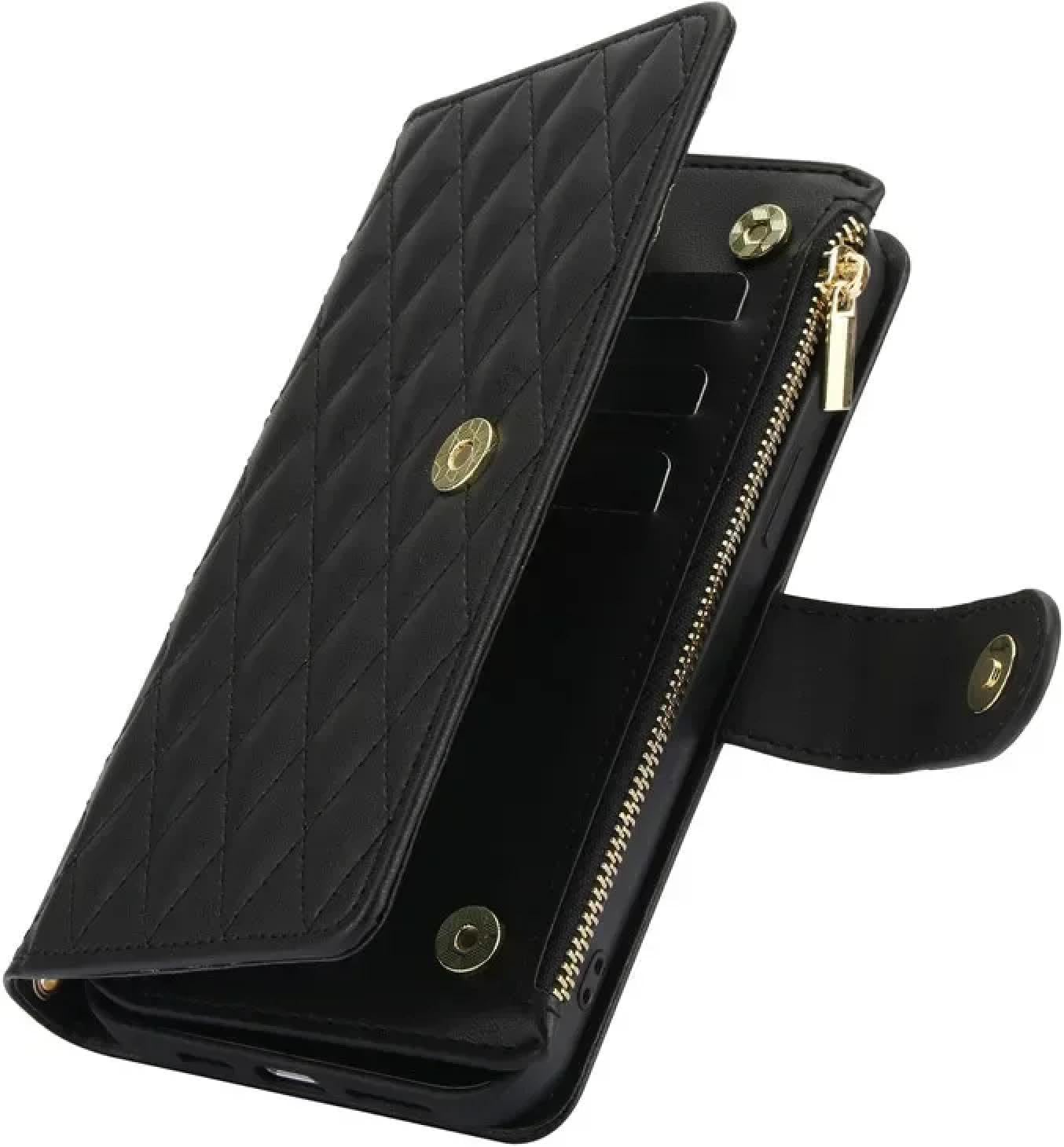 for iPhone 15 Pro Max Wallet Case, Long Lanyard Leather Zipper Card Phone Case Flip Cover with Ring Holder, Green