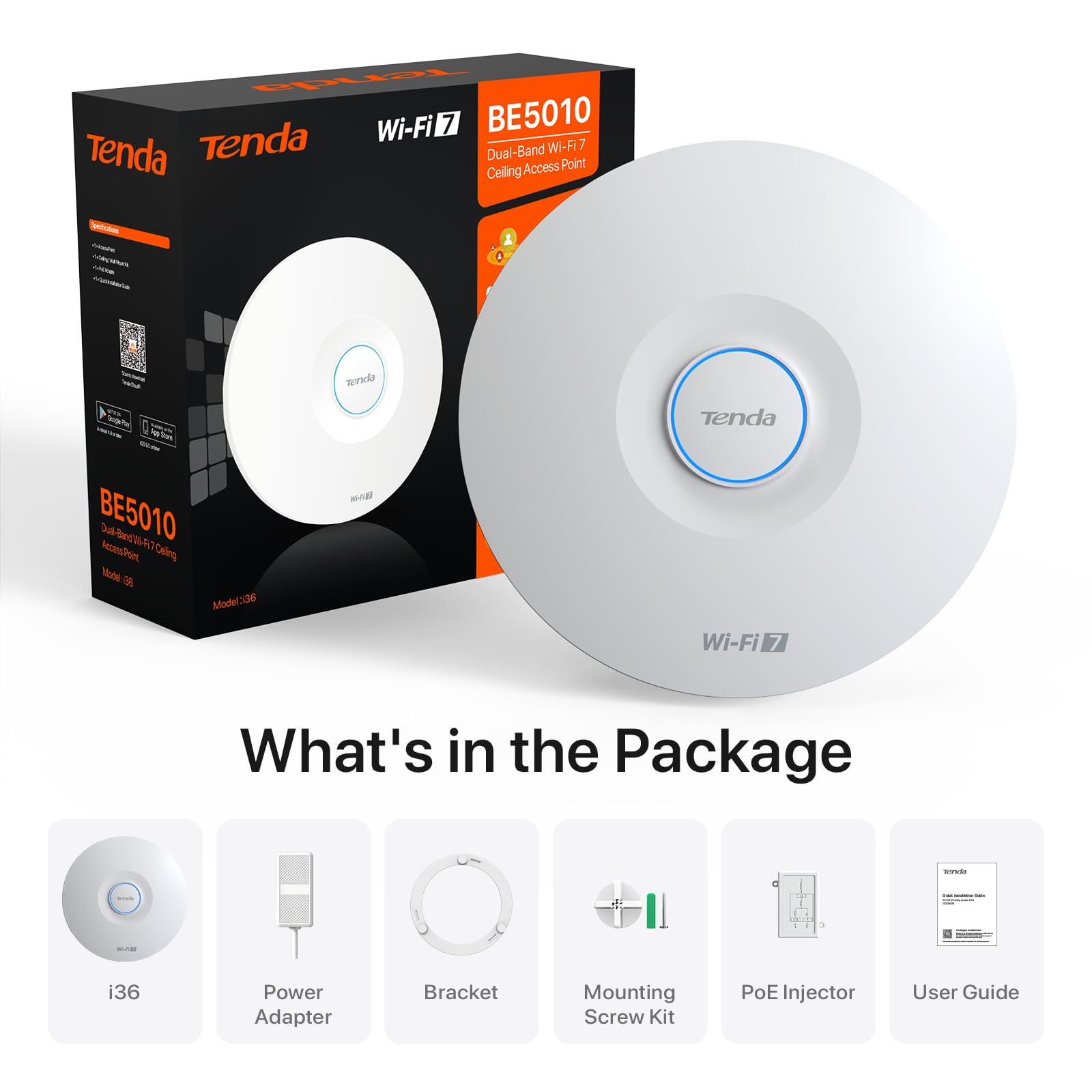Tenda BE5010 Punkt dostępowy WiFi 7 (1 port 2,5G PoE i 1 port gigabitowy, zabezpieczenia WPA3, wiele identyfikatorów SSID, zarządzanie lokalne/w chmurze, w zestawie zasilacz) (i36)