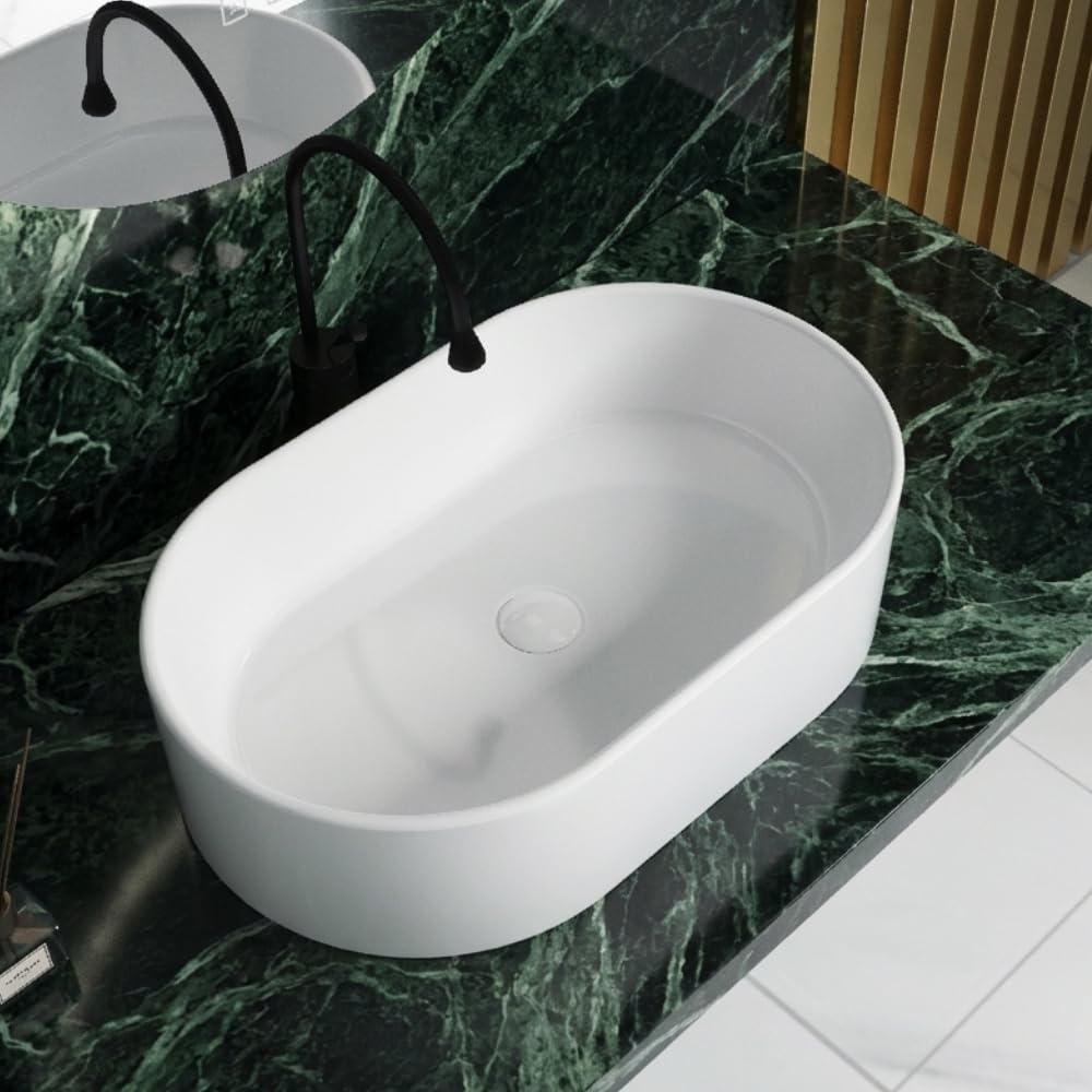 Durovin Bathrooms Ceramic Bathroom Basin - Countertop Sink Vessel - Oval Washing Bowl for Bathroom Lavatory, Vanity Unit (560 x 350 x 145mm)-Anti-Splash Design