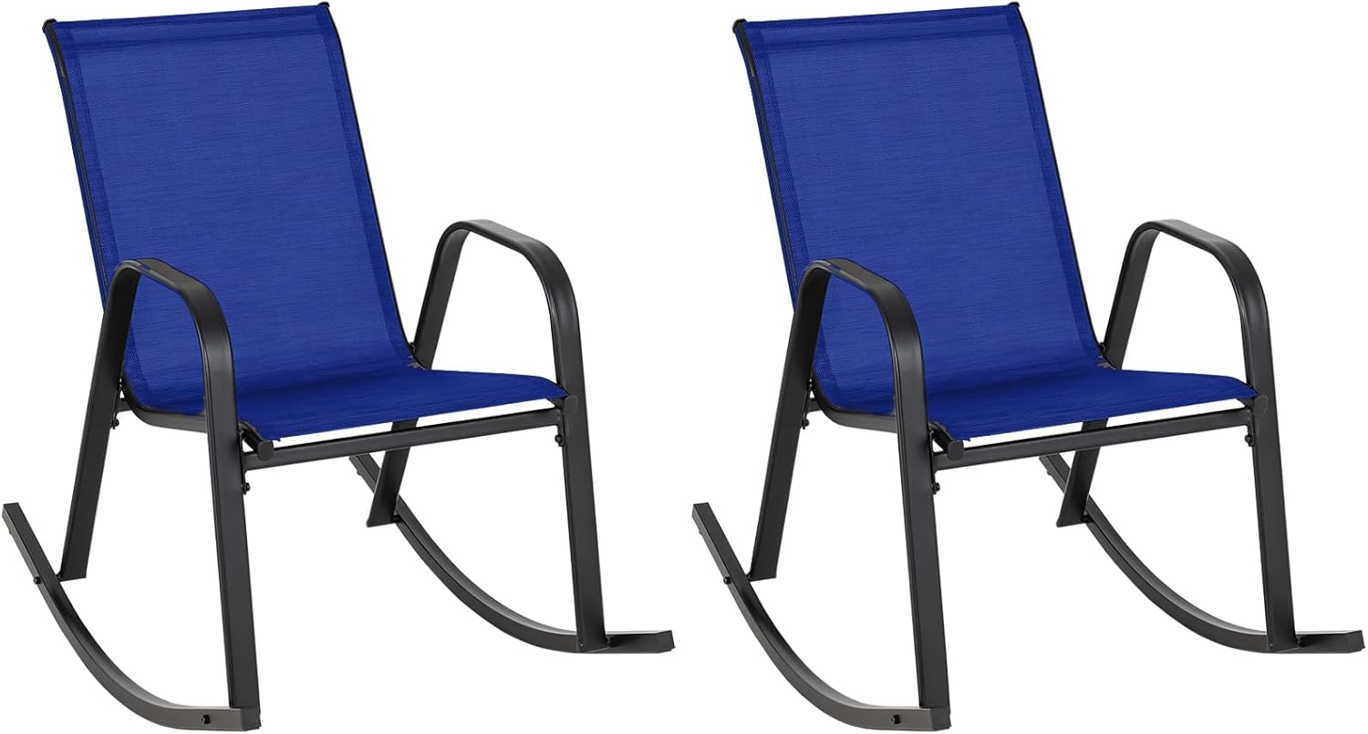 Outdoor Rocking Chair, Heavy Duty Ergonomic Rockers w/Metal Frame & Breathable Fabric, Patio Rocking Chairs Set of 2 for Lawn, Garden, Yard, Deck, Front Porch, Balcony, Poolside (1, Navy)