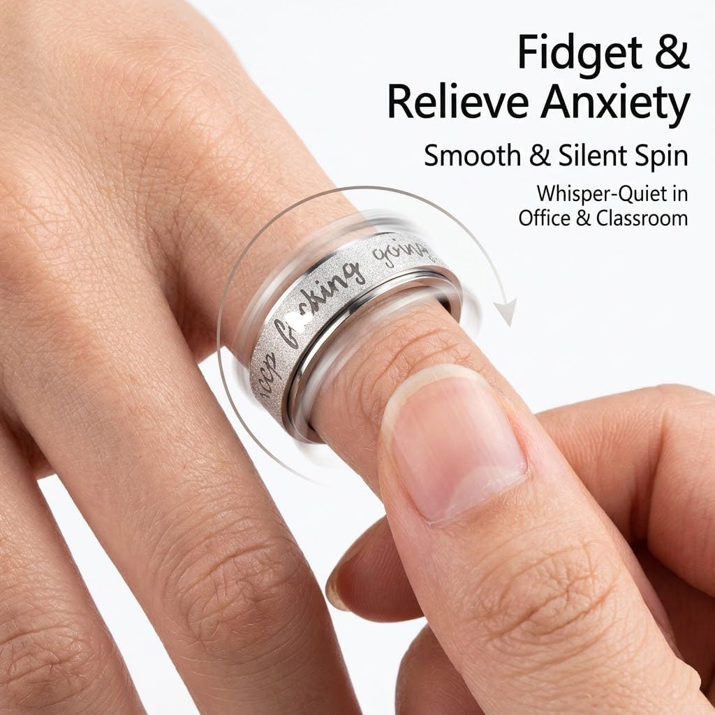 Fidget Ring for Women Men -6mm Stainless Steel Sandblasted Inspirational Anxiety Spinner Ring - Meditation Worry Ring for Stress Relief - Rotating Thumb Band, Mindfulness Jewelry Gift