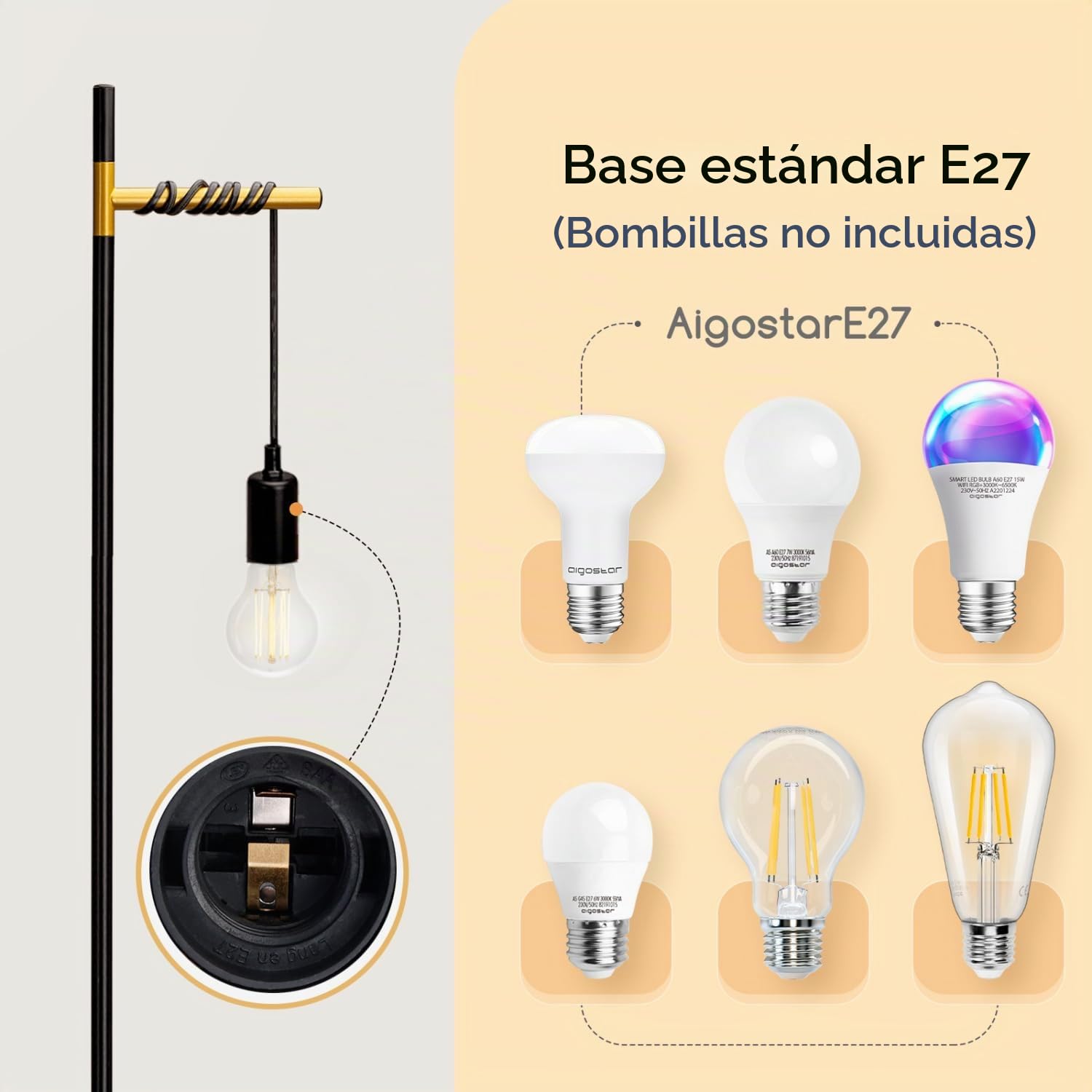 Aigostar lámpara de pie retro E27, lámpara de pie de metal para salón(sin bombilla), Lámpara de pie colgante con cable de 180cm y interruptor de pie, en color negro/dorado, 2pcs