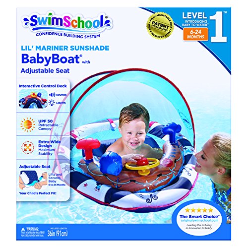 SwimSchool Lil’ Mariner Fabric Baby Pool Float, Baby Boat with Adjustable Safety Seat, Splash and Play Activity Center, Extra-Wide Inflatable Pool Float with Canopy UFP50, 6 to 24 Months, Blue