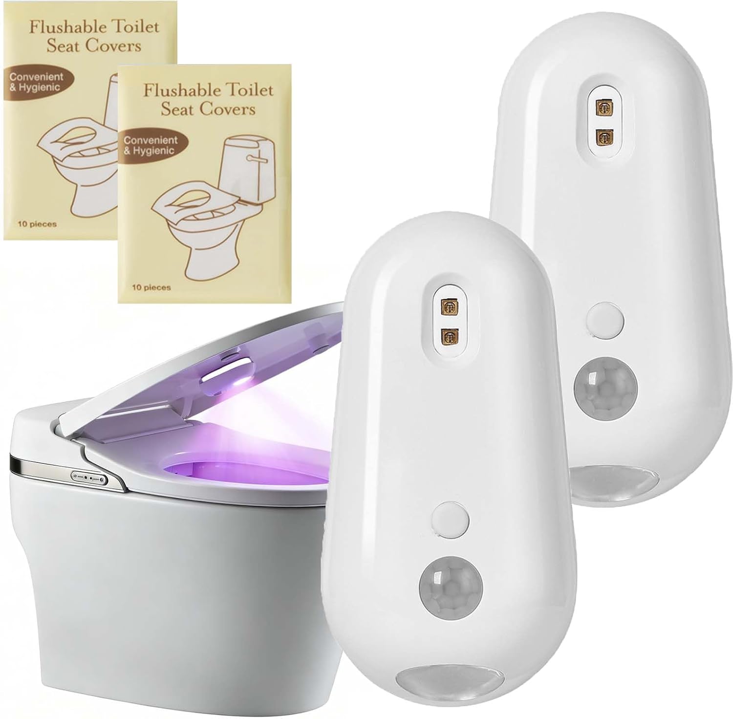 Self Cleaning UV Toilet Sanitizer and Night Light, Motion Sensor USB-C Rechargeable, Adhesive Mount Waterproof for Bathroom Toilet Hallway Stairs Cabinet, Soft Glow for Elderly Kids Pets (2PCS)