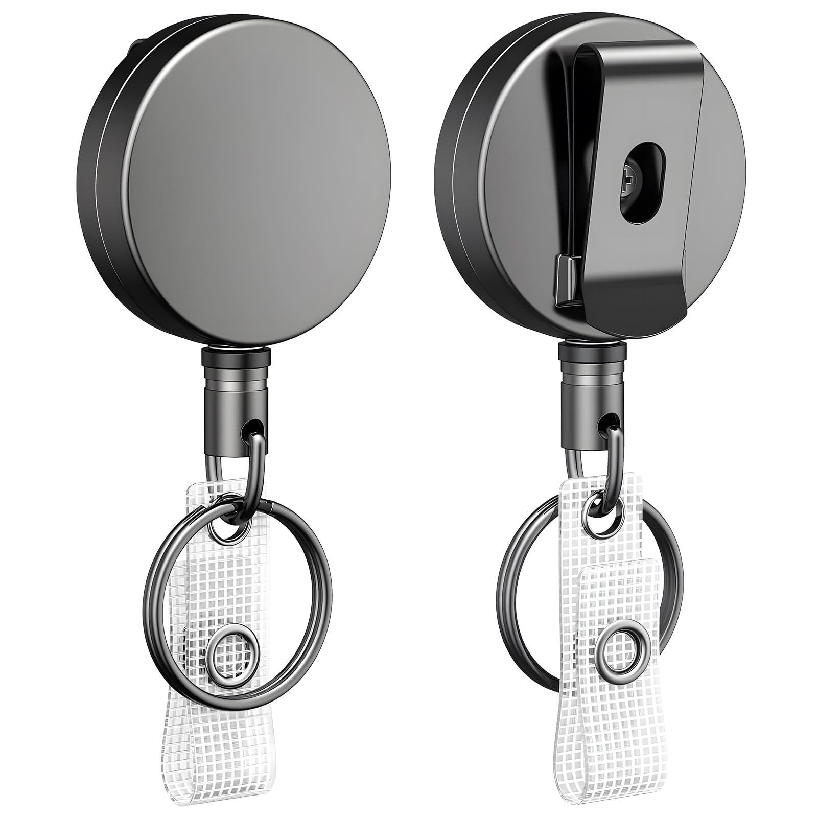 2 pcs Retractable Keychain,Retractable Lanyard,Badge Reel,Badge Holder,Full Metal Easy Pull Wire Nylon Rope Keychains Grey