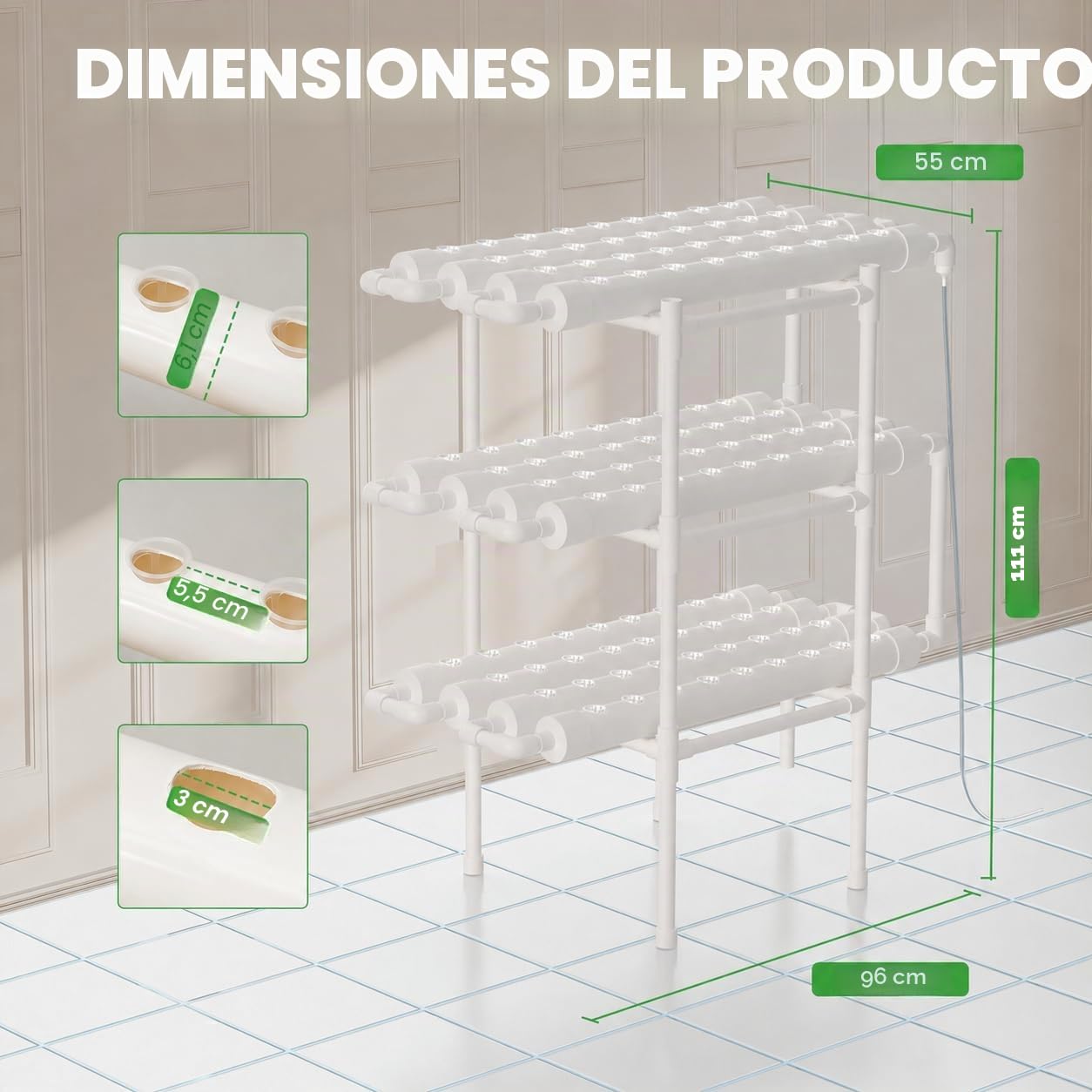 Hydroponic System Grow Kit 108 Sitios de Plantas 3 Capas PVC Hidropónico para Cultivo Acuático de Plantas de Jardín y Experimento Hidropónico Vegetal, 96 × 55 × 111 cm