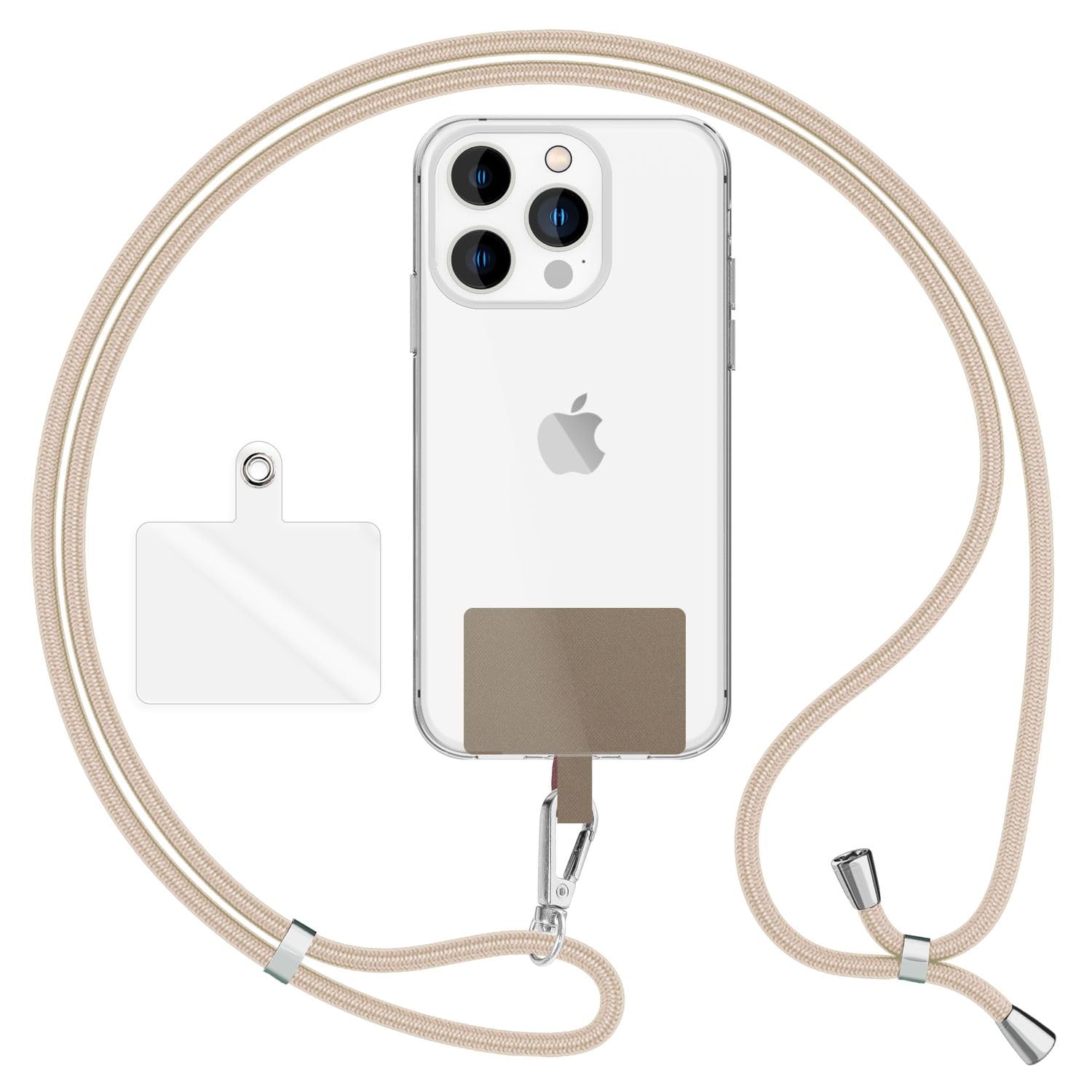Nalia Unisex White Beige Universal Phone Lanyard For All Smartphones - Robust Cord & 2 Patches - Holdme Air (Classic Neck Strap With Silver Carabiner) - German Brand, Color: