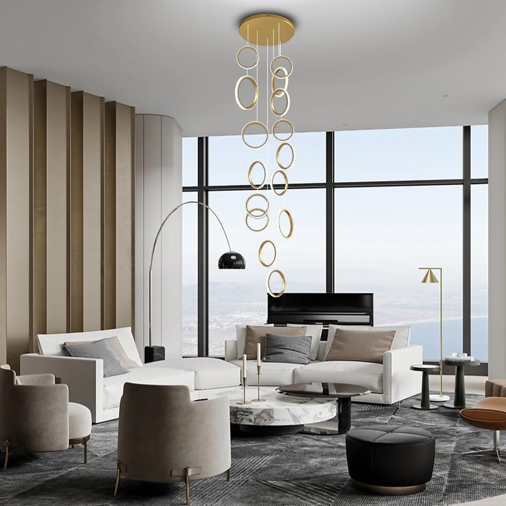 Lustre LED moderne noir 15 anneaux pour escalier et haut plafond
