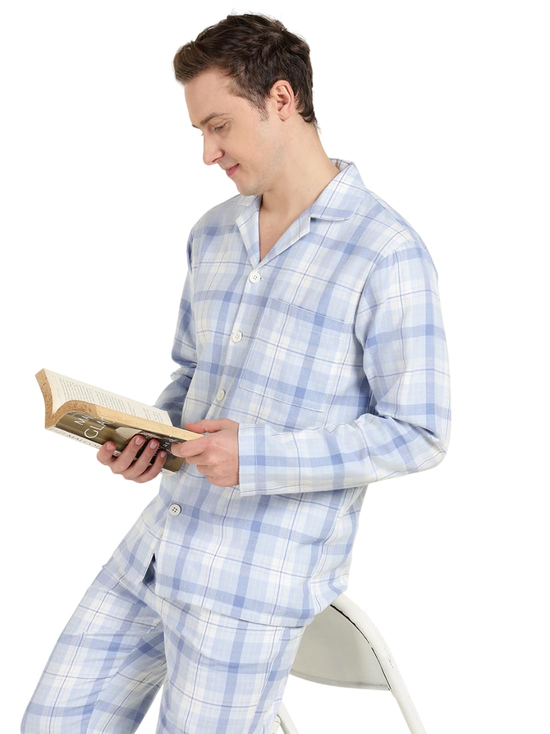 hancock Men Sky Blue Checked Pure Cotton Relaxed Fit Night Suit-picture-15