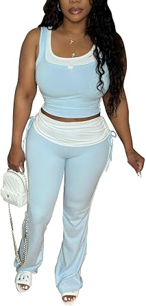 2 Piece Outfits for Women Sexy Sleeveless Crop Top Low Waist Wide Leg Long Pant Sets Tracksuit Sport