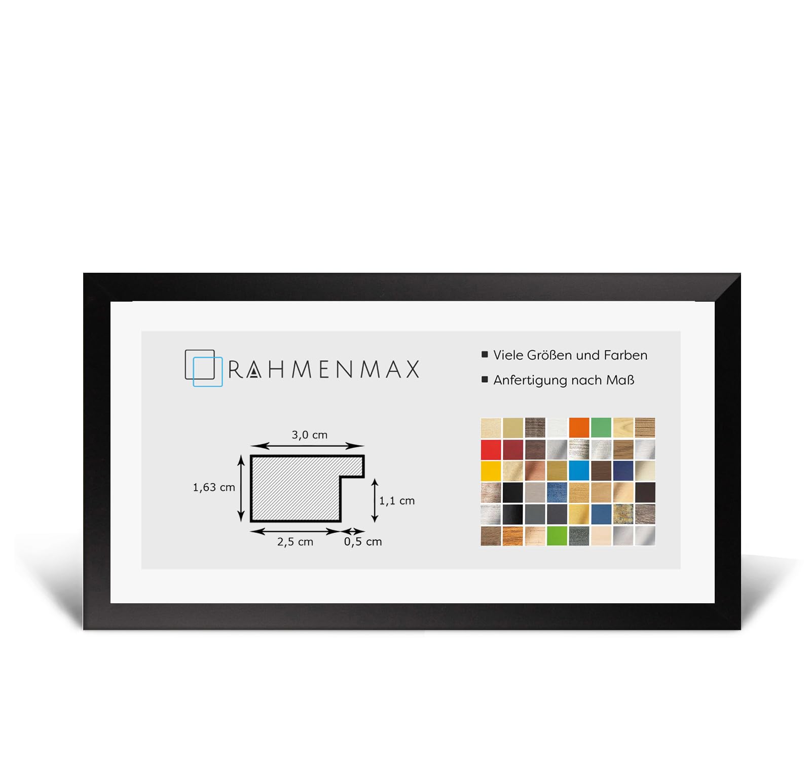 RahmenMax Cornice portafoto in MDF Morena 30 x 80 cm. Nero opaco con vetro acrilico da 1 mm antiriflesso e pannello posteriore bianco – WhiteFix. Cornice per poster in diversi colori e dimensioni.