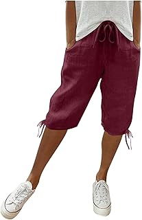 Linen Shorts for Women Summer Knee Length Elastic Waist Capri Pants Casual Gym Drawstring Bermuda Shorts with Pockets