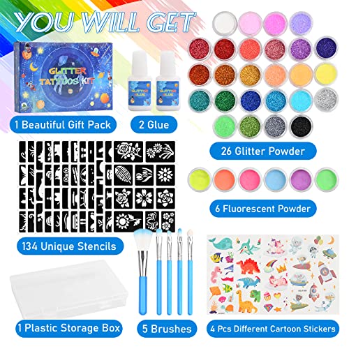 Temporary Glitter Tattoos Kit Stunning Fake Tattoo Kit With 26 Large Glitter Colors, 6 Fluorescent Colors, 134 Stencils And 2 Glue, Perfect Birthday Party Christmas Festival Gifts For Girls Teenage Woman #TOP1