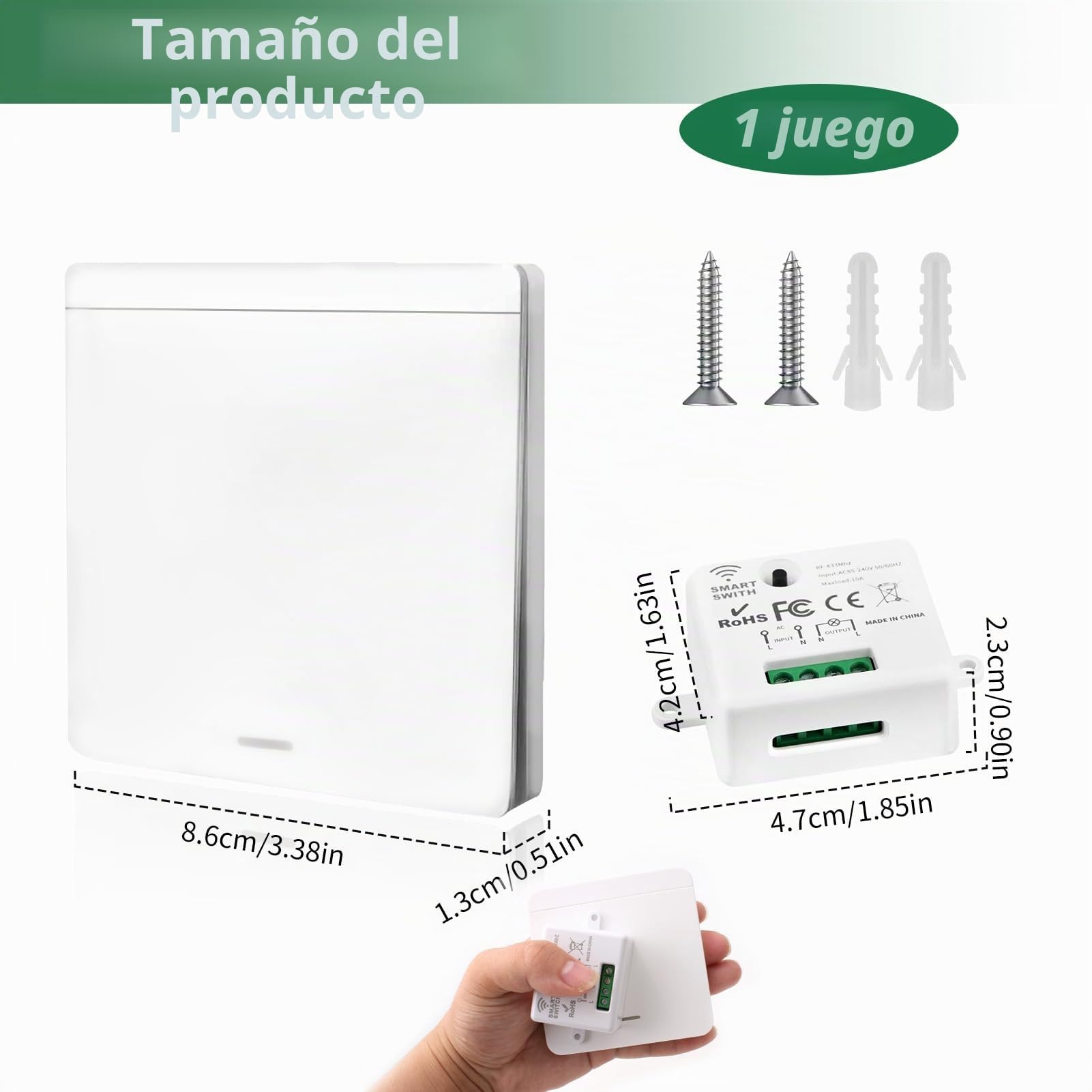Interruptor de luz Inalámbrico, Interruptor Kit con Transmisor de RF y Controlador del Receptor 10A Fácil Instalación para Lámpara de Hasta 1500W, Control Remoto Alcance de 50M