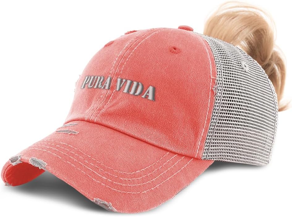 Ponytail Cap Women's Baseball Cap Embroidered Pura Vida Sun Hat with Ponytail Hole High Pony Hat Cotton