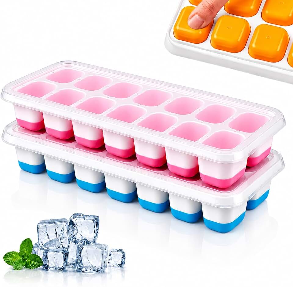 Kit 2 Unidades Forma de Gelo com Tampa 14 Cubos - Fundo de Silicone Flexível - Super Resistente - Não Gruda, Fácil de Remover Livre de BPA - Forminha de Gelo p/Alimentos Papinha