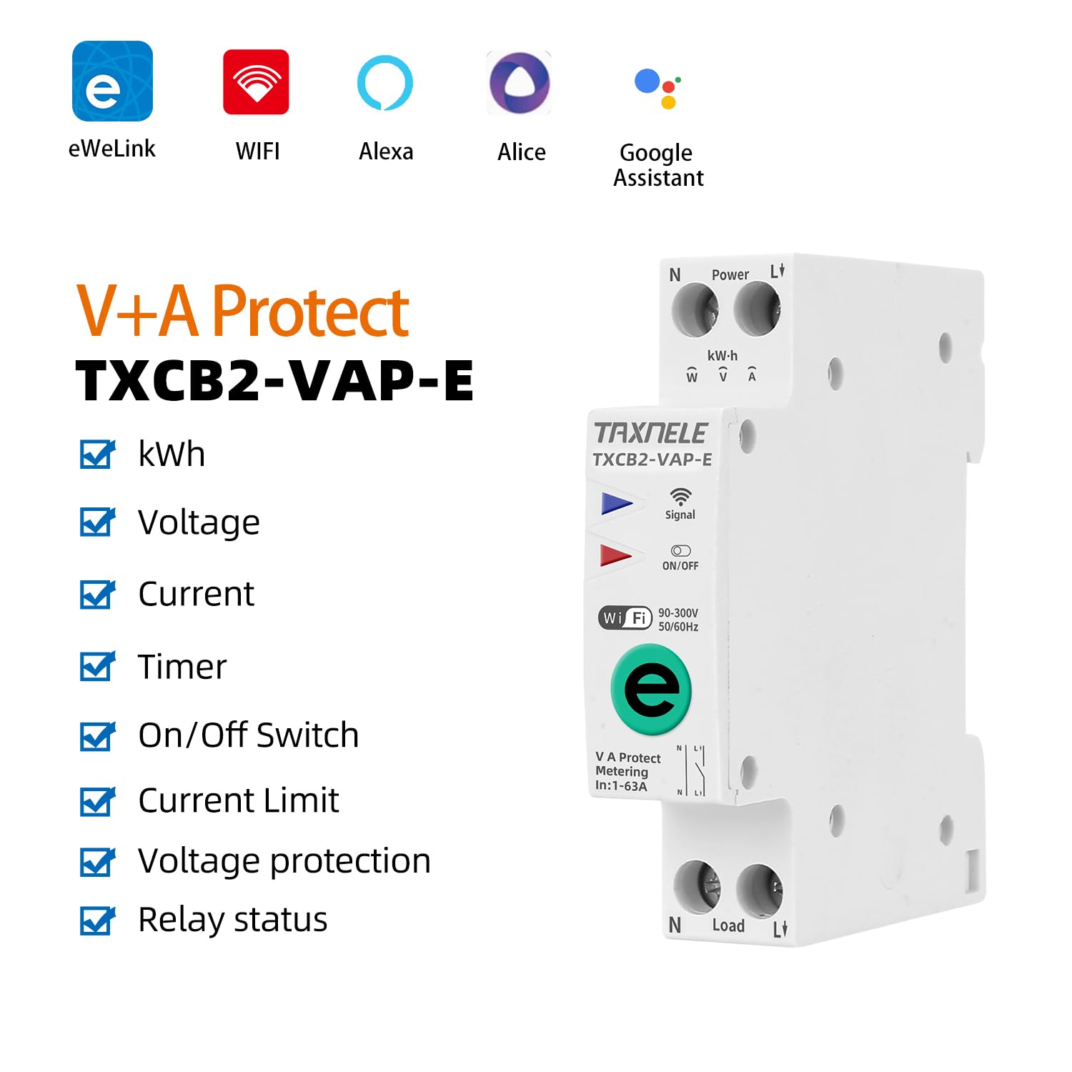 Ewelink wifi interrupteur intelligent interrupteur temps relais minuterie 1P + n 10A 16A 20A 25a 32A 40A 63A 110V 220V télécommande sans fil commande vocale (1-63A Adjustable VA Protect)