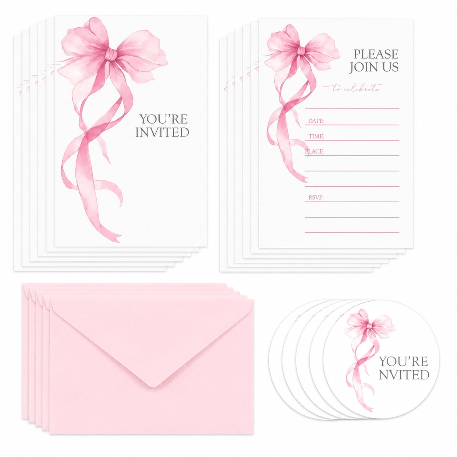 25 Pcs Birthday Party Invitations for Girls, Birthday Invitations for Girls with Pink White Bow Design, Cards with Envelopes and Stickers for Girls Birthday Baby Shower Party