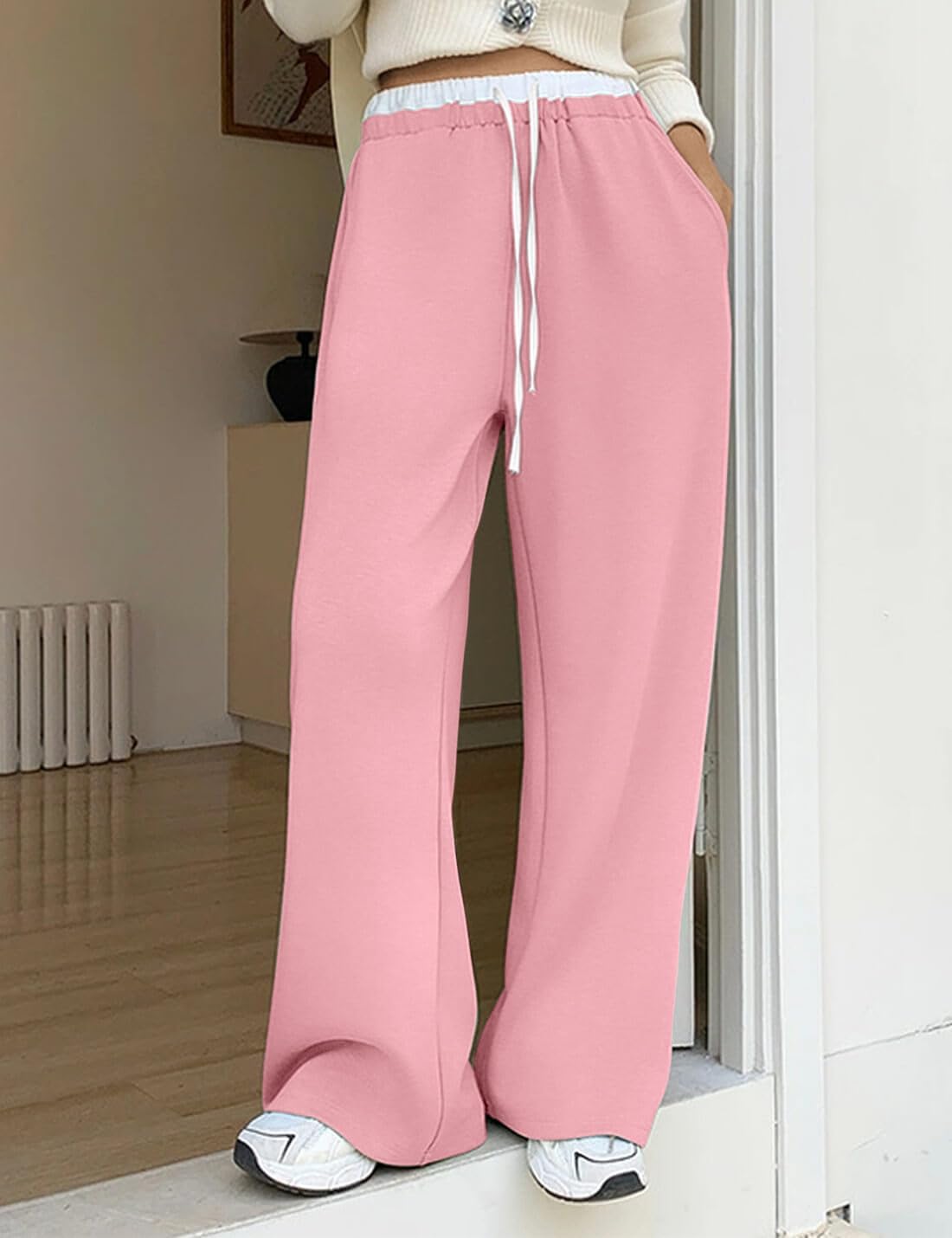 HeSaYep Women's Wide Leg Sweatpants High Waist Baggy Sweat Pants Straight Leg Drawstring Elastic Waisted Pants with Pockets - Image 4