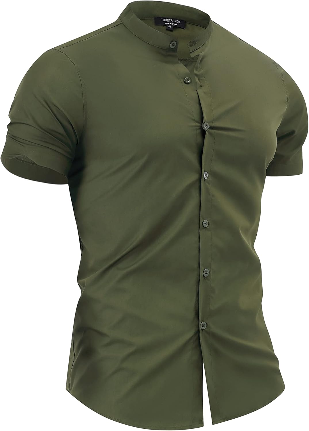 TURETRENDY Men's Muscle Dress Shirts Banded Collar Short Sleeve Casual Button Down Shirt X-Large Olive Green