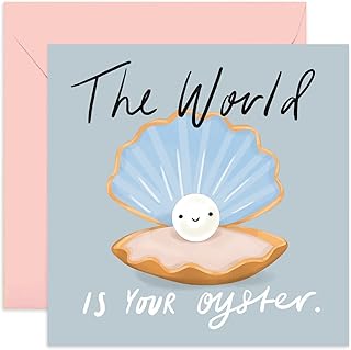 Old English Co. Cute Good Luck Card for Him Her - 'The World Is Your Oyster' Motivational Greeting Card for Friends and Family - New Job, University, School, Leaving | Blank Inside with Envelope