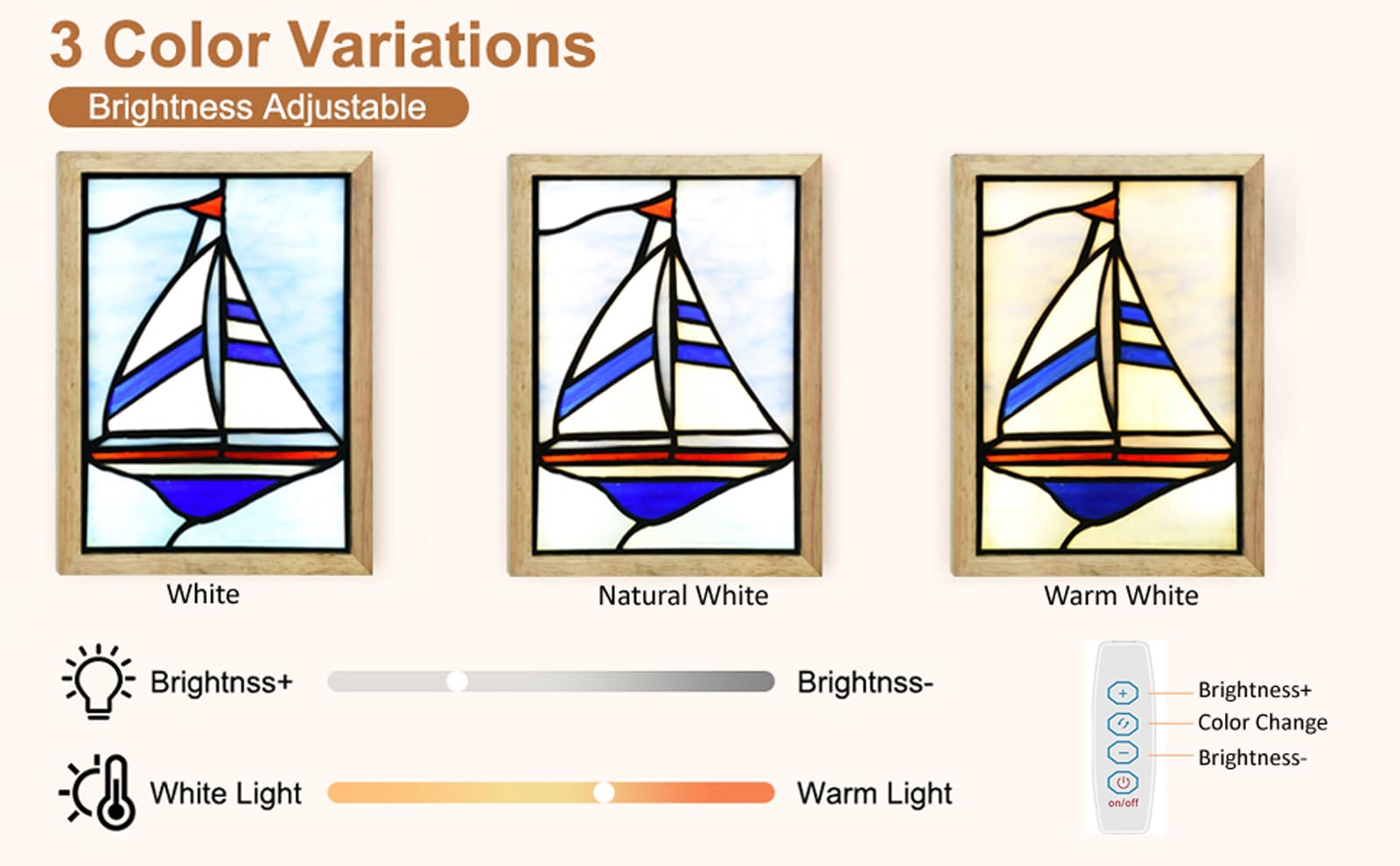 HomeBeauty Veilleuse LED en verre teinté de style Tiffany avec 3 modes d'éclairage et gradation de la luminosité, décoration murale artistique pour la maison et le bureau (voilier)