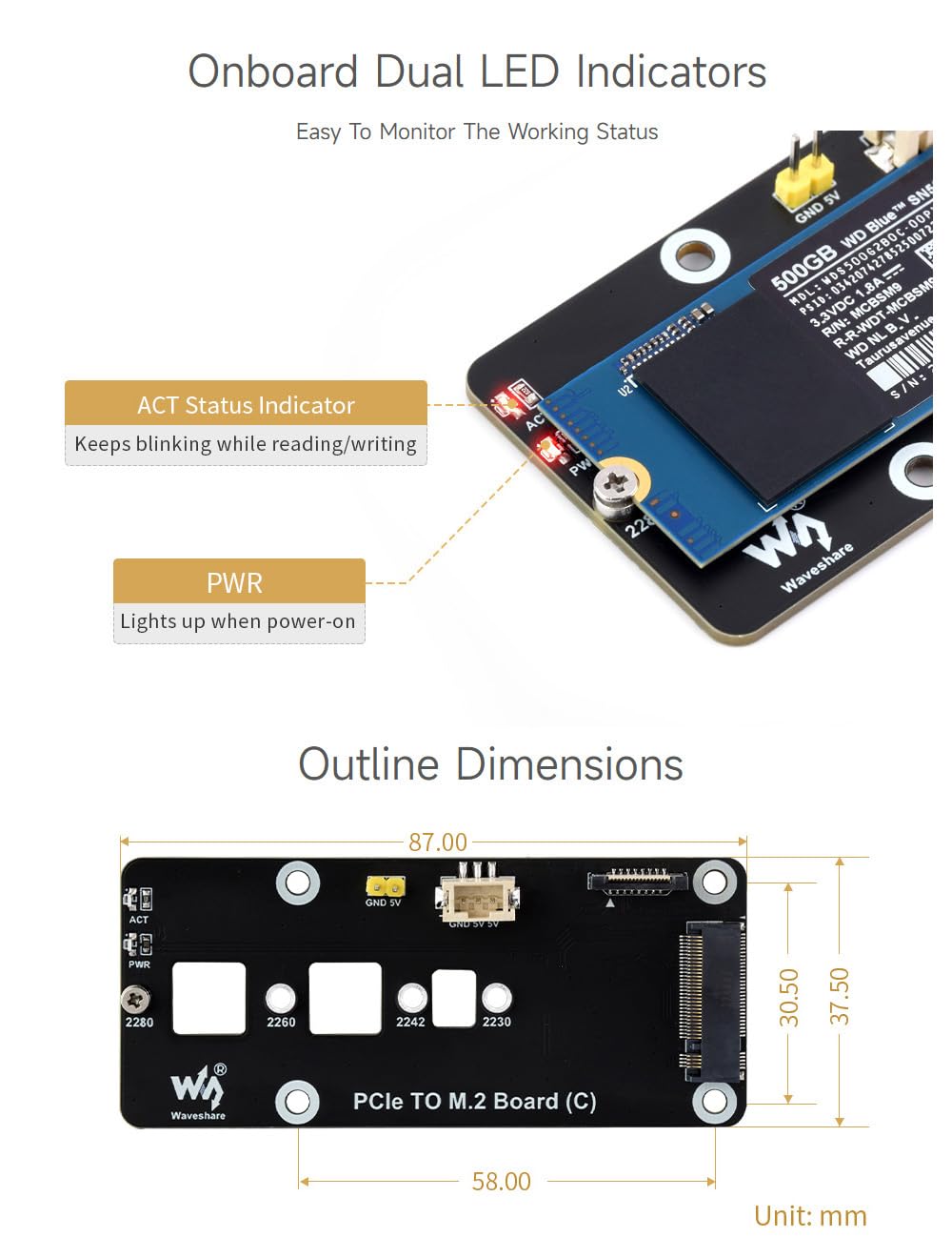 Waveshare PCIe To M.2 Adapter Board (C) For Raspberry Pi 5, Supports NVMe Protocol M.2 Solid State Drive, High-Speed Reading/Writing, With Transparent Acrylic Mounting Plate, Side-Mounting Solution