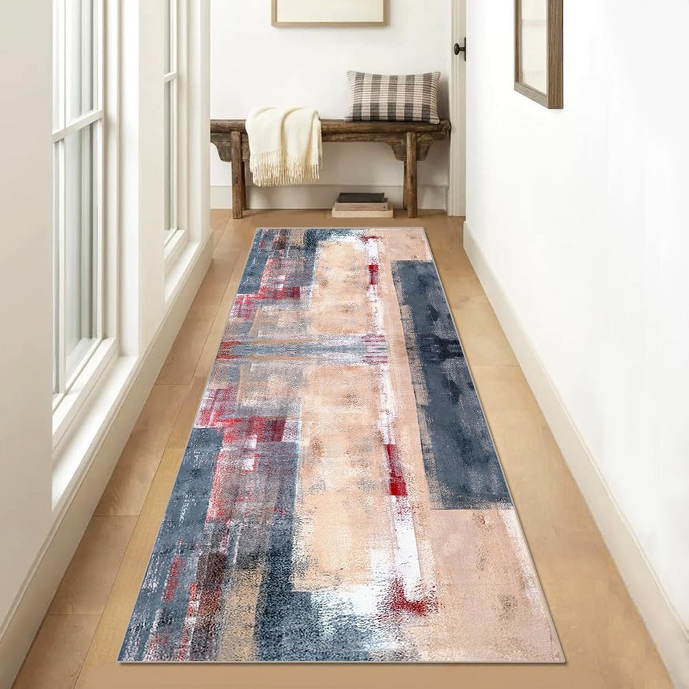 Tapis Couloir Long 60x180cm Tapis de Cuisine Devant Evier Bleu,Rouge Et Corail Abstrait Moderne Tapis de Couloir Moderne Antiderapant Lavable Tapis Cuisine Chemin pour Cuisine Salon Chambre