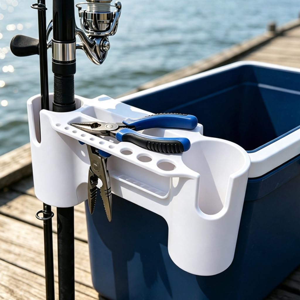 Tackle Storage Rack Holder with Side Cups, Front Ports, and Tray for Small Gear Sorting on Shelf Rows Daily