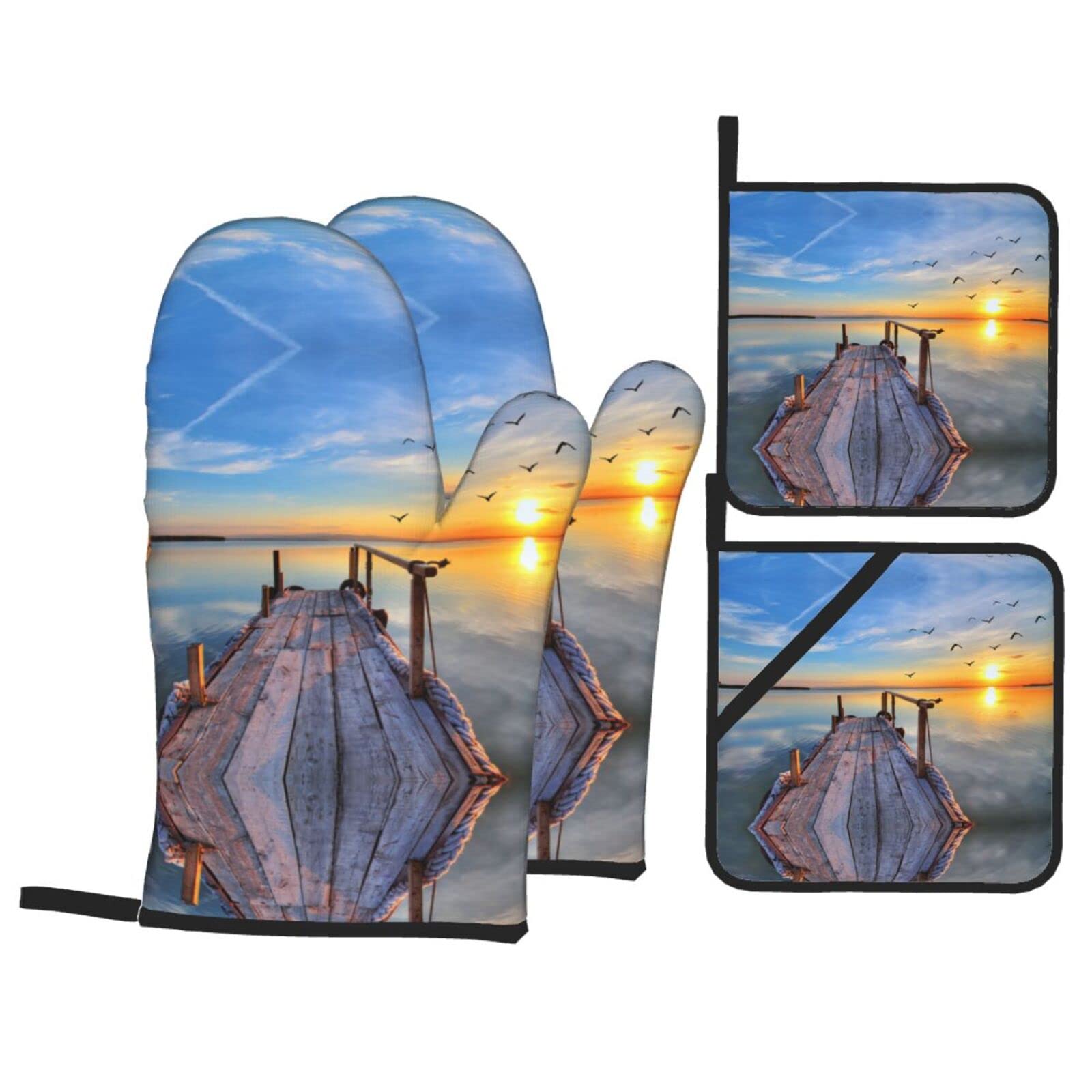 Sunset Scenery Oven Mitt and Pot Holder 4-Piece Set for Kitchen, Outdoor Grill, Baking