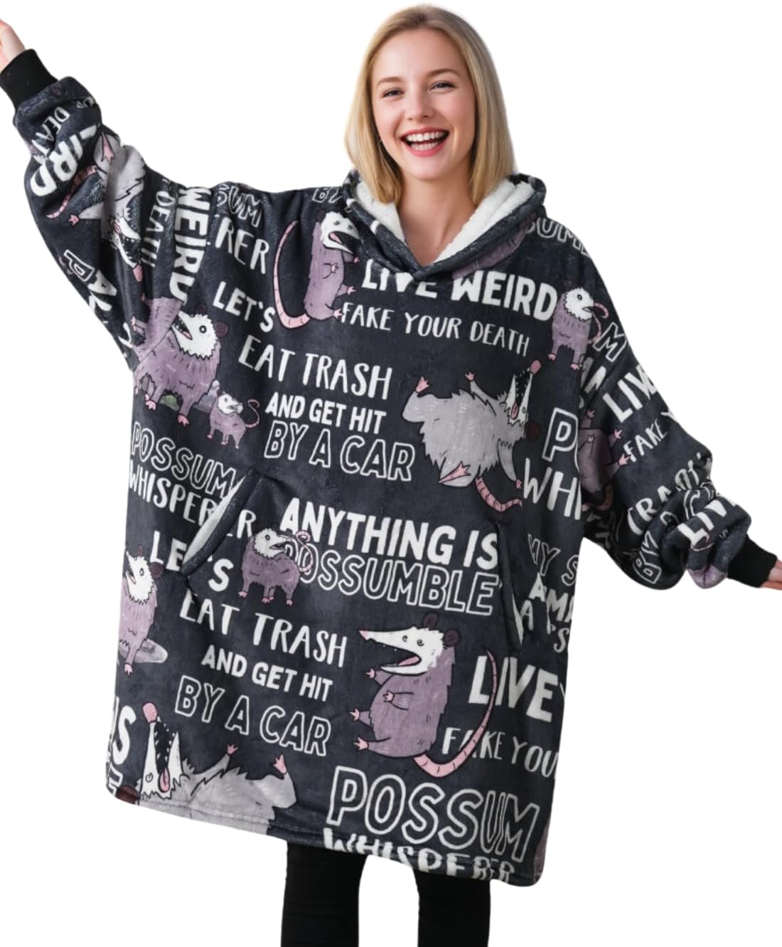 Possum Gifts for Women & Men, Unique Wearable Blanket Hoodie For Possum Lovers, One Size Flannel Hooded Blanket, Opossum Gifts