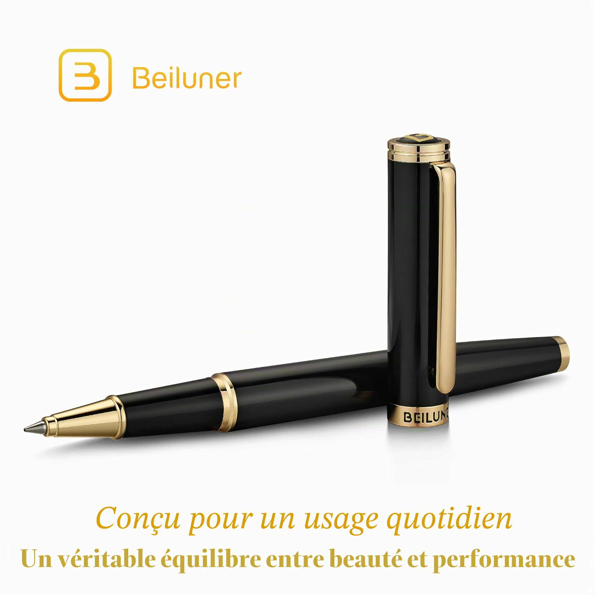 BEILUNER Stylo Bille Luxe, Finitions Or 24K, Design Noble et Élégant, Recharge Schneider, Set-Cadeau Hommes/Femmes, Professionnel, Bureau, Belle Stylo (Noir & Or)