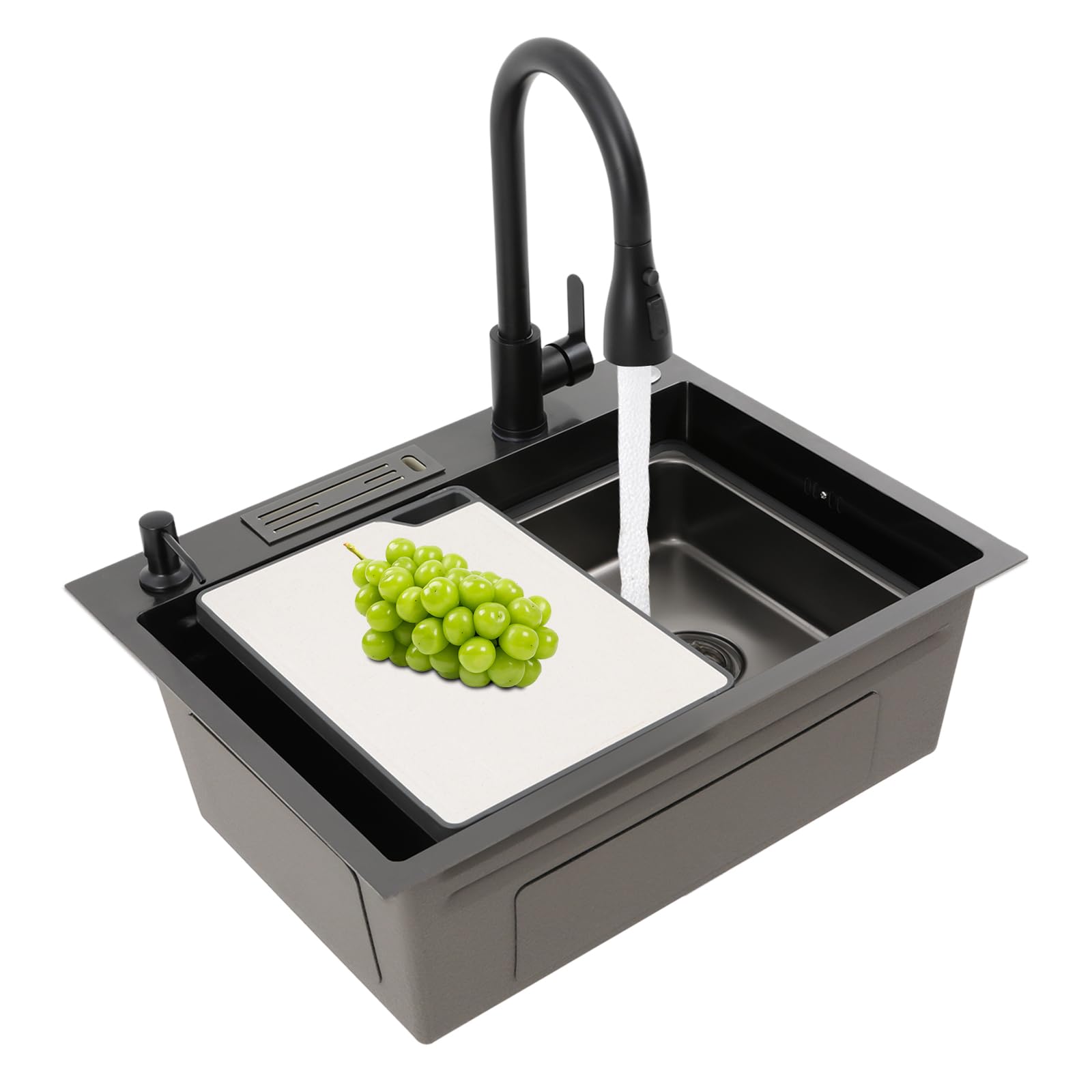 OUKANING Fregadero de cocina con nanorrevestimiento, 60 x 45 cm, de acero inoxidable 304, con grifo extensible, soporte para cuchillos y tabla de cortar, color negro mate, drenaje rápido de agua
