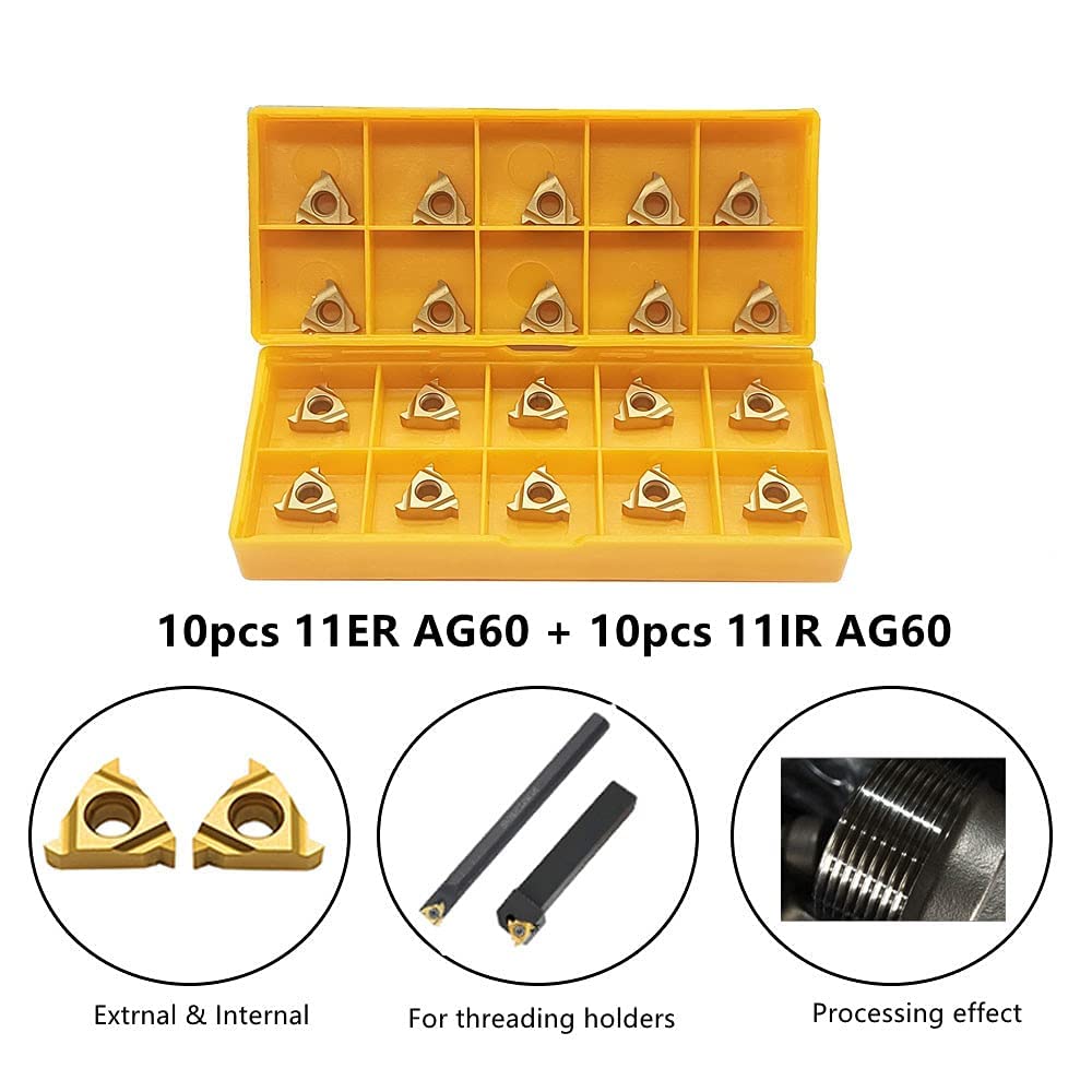 Drehmaschine Gewindeeinsätze 11ER AG60 + 11IR AG60 Carbid-Einsätze für Außengewinde/Innengewinde Drehwerkzeughalter für Edelstahl und Eisen, 20pcs…