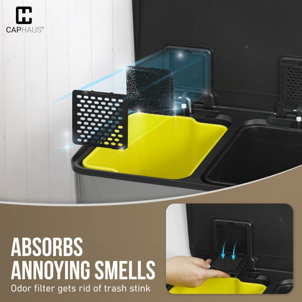 Miniatura 7 de CAPHAUS Bote de basura doble negro con una sola tapa, combo de contenedores de basura y reciclaje, cubo de basura de acero inoxidable manos libres