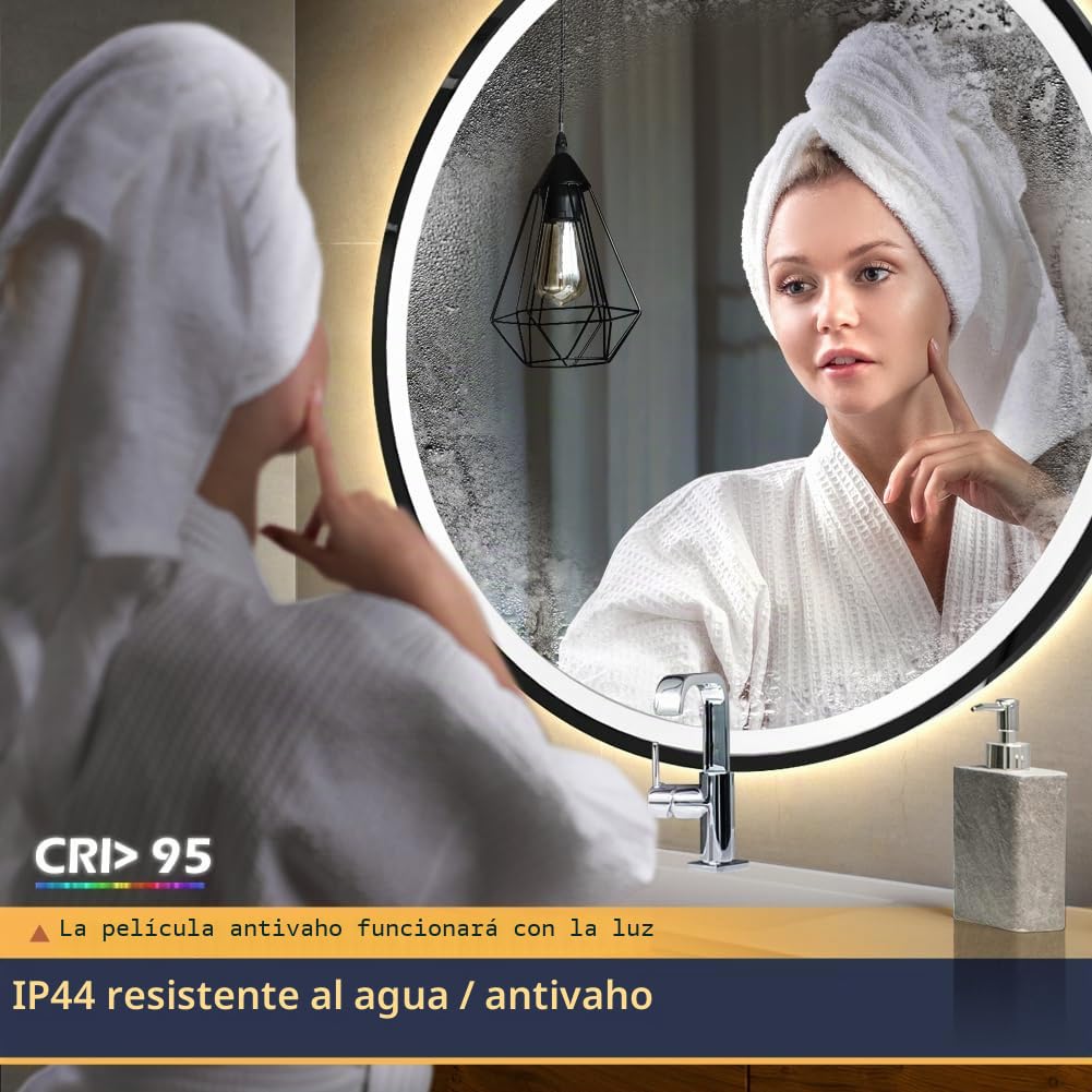 GANPE Espejo con Sensor LED, Redondo de inducción Corporal, iluminación Regulable, antivaho, IP44, Impermeable, montado en la Pared (Marco Redondo, 80 cm)