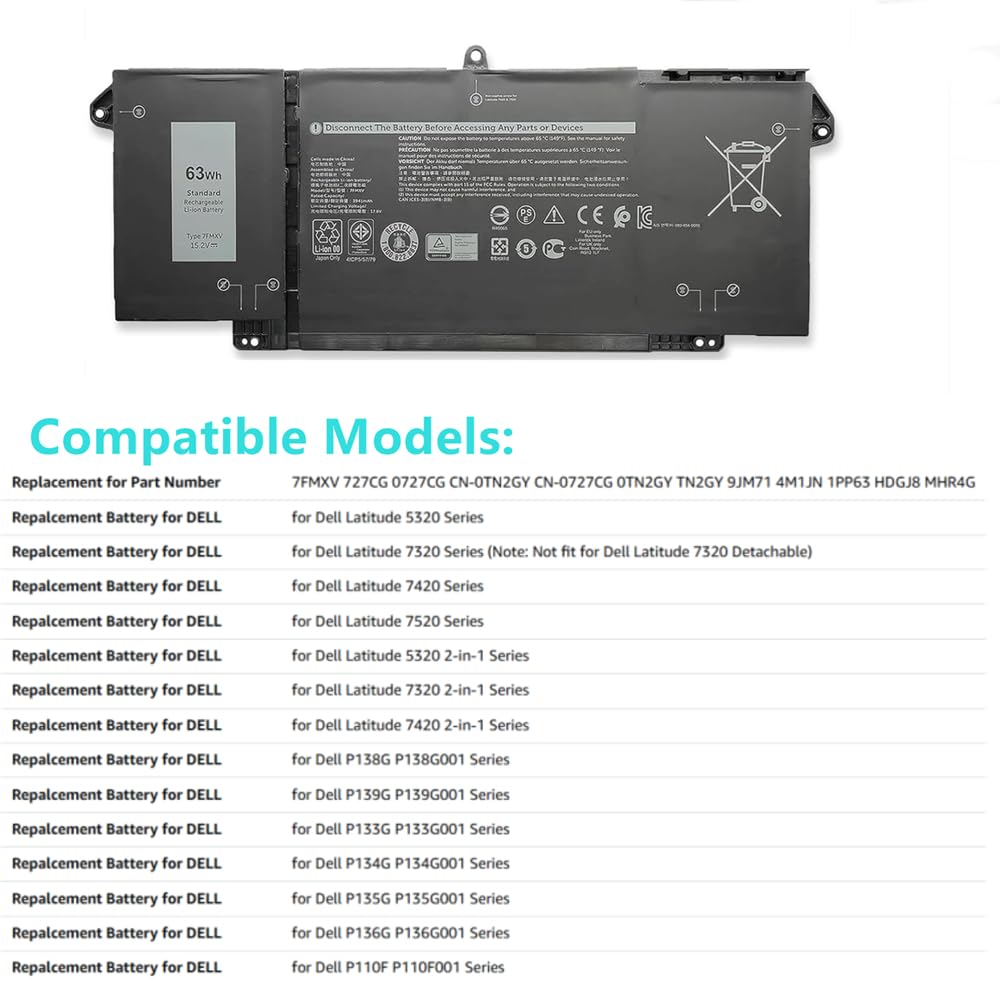 7FMXV Akku 15.2V 63Wh für Dell Latitude 5320 7320 7420 7520 | Hochwertige Zellen mit Schutz vor Überladung & Überhitzung. Lange Laufzeit, einfache Installation & zuverlässige Leistung.