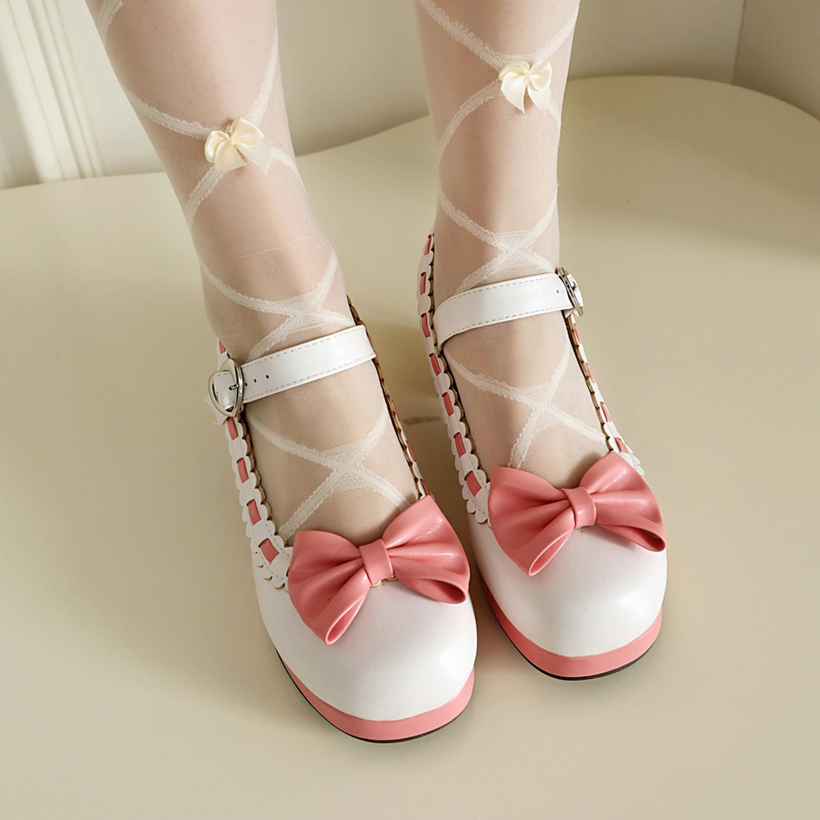 Cute Mary Jane Bow Kawaii Heels Cute One Buckle Strap Tacón grueso Correa de espagueti especial Zapatos de vestir de fiesta de encaje con lazo (10A-blanco,35)