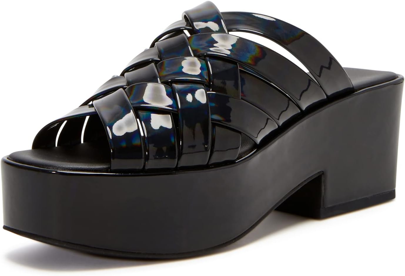 Katy Perry Women's The Busy Bee Criss Cross Slide Wedge Sandal, Black, 7.5