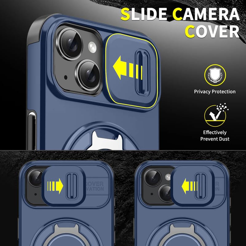 Image of LuxuryKase Shockproof Rugged Case for iPhone 15 Plus | Slide Camera Cover | 360 Rotating Ring Kickstand | Military-Grade Protection - Navy Blue