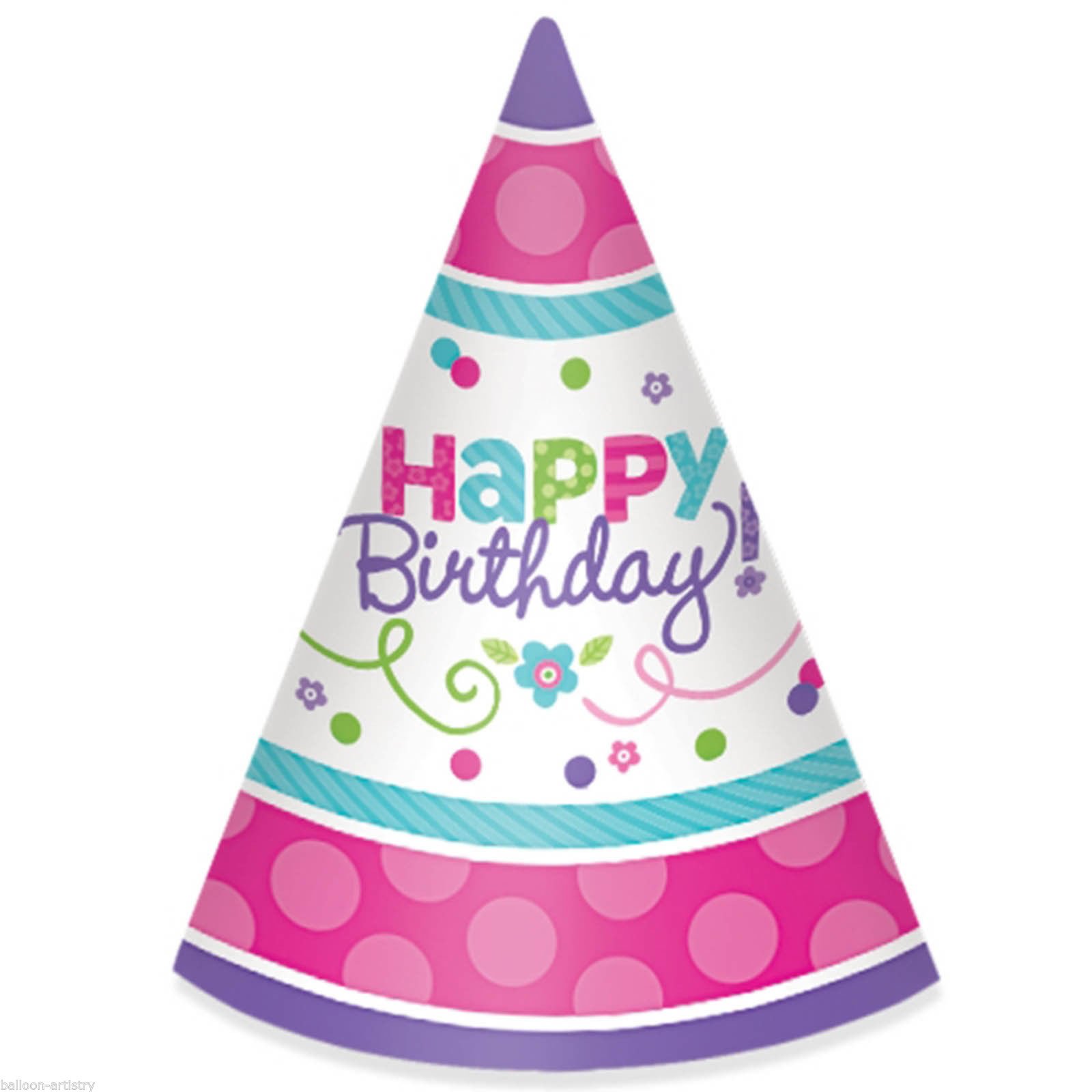 12 Partyhüte Happy Birthday Pink&Teal Bunt