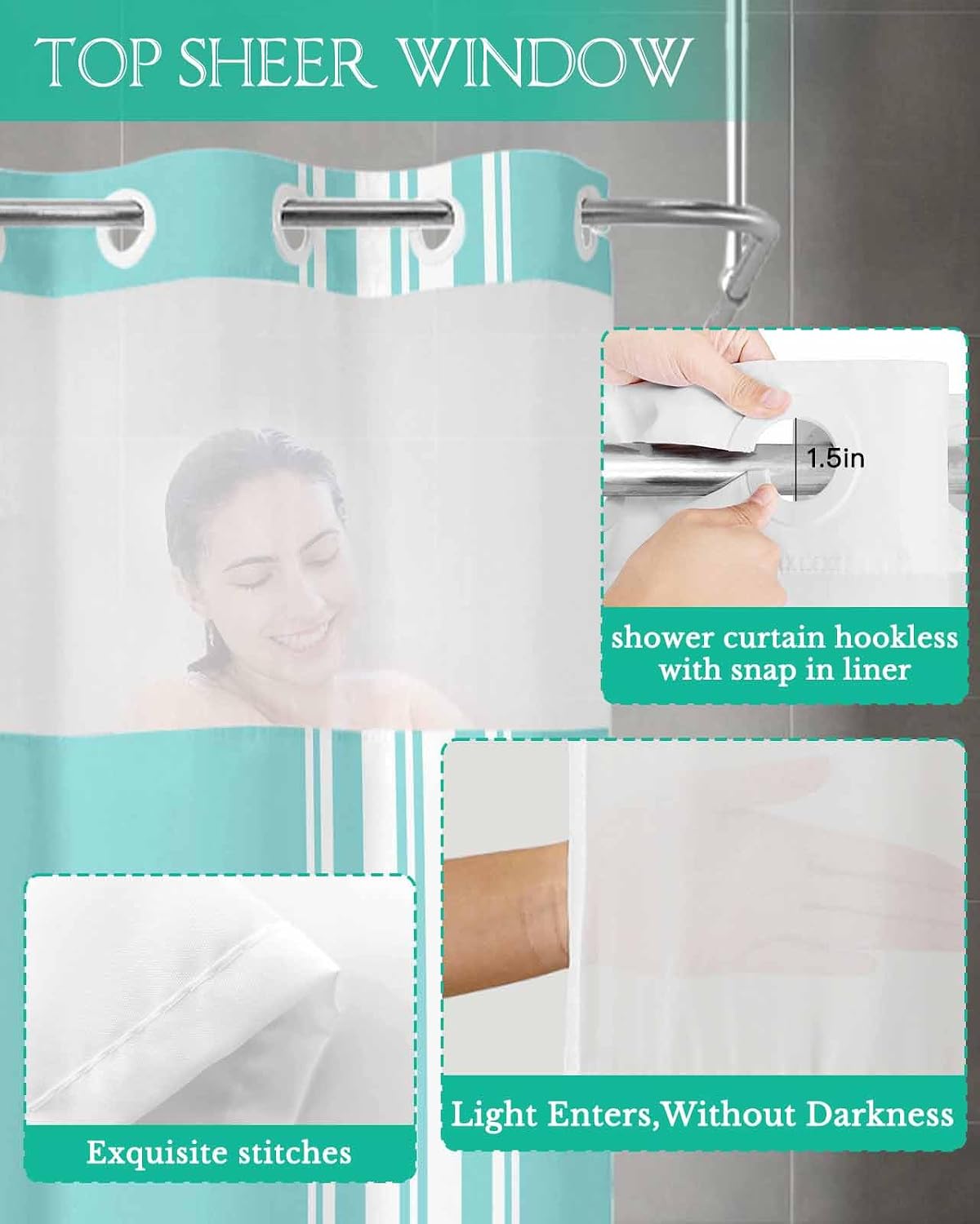 Smile Sunflower No Hooks Shower Curtain Liner Set, Teal Green Geometric White Stripes Waterproof Shower Curtains with Magnets, Top See Through Window Washable Rustic Shower Curtain 72"x72"