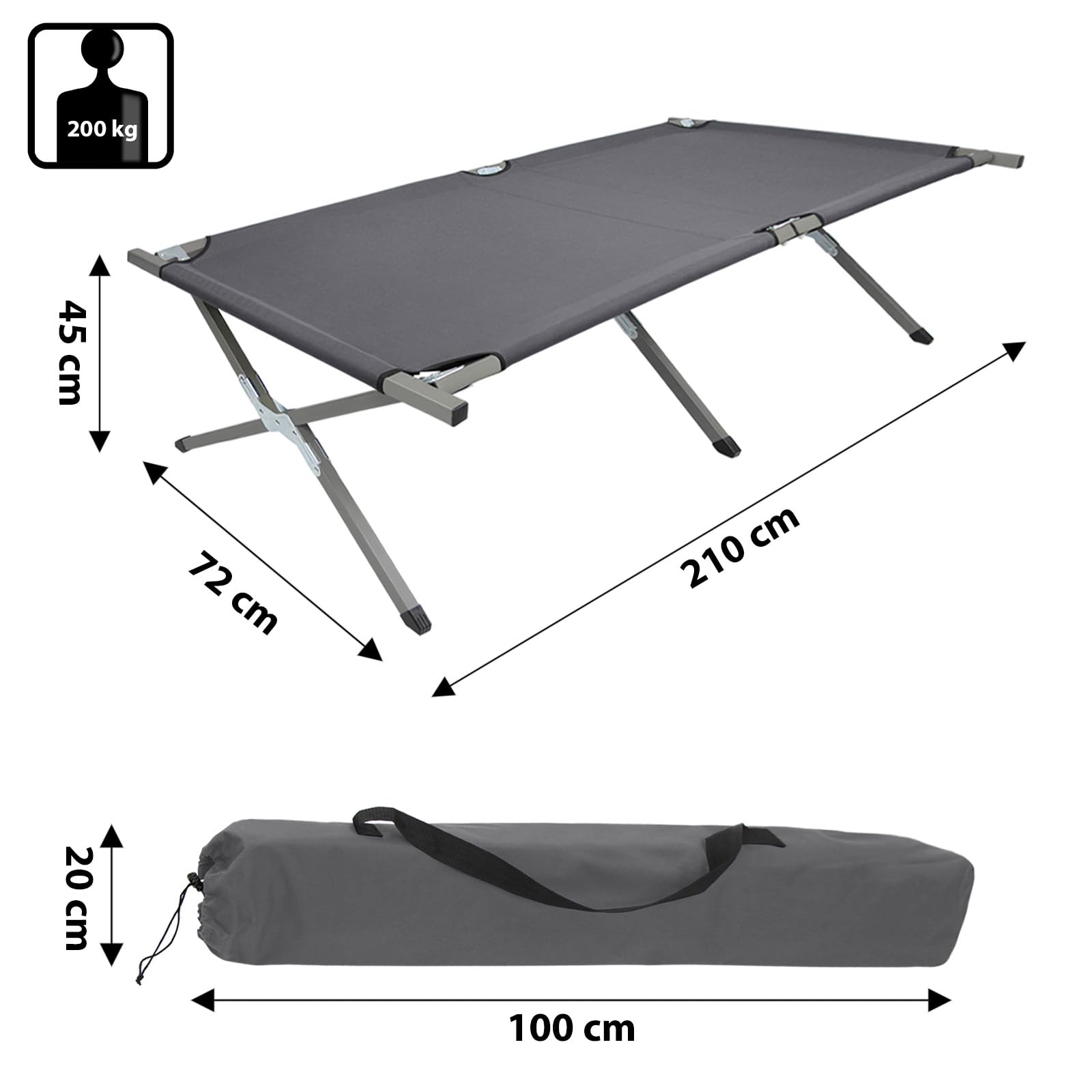 BB Sport Brandina Campeggio XXL Letto Pieghevole 210 x 72 x 45 cm Caricabile 200 kg Militare Portatile Viaggio Confortevole Stabile 600D Tessuto Oxford Borsa da Trasporto