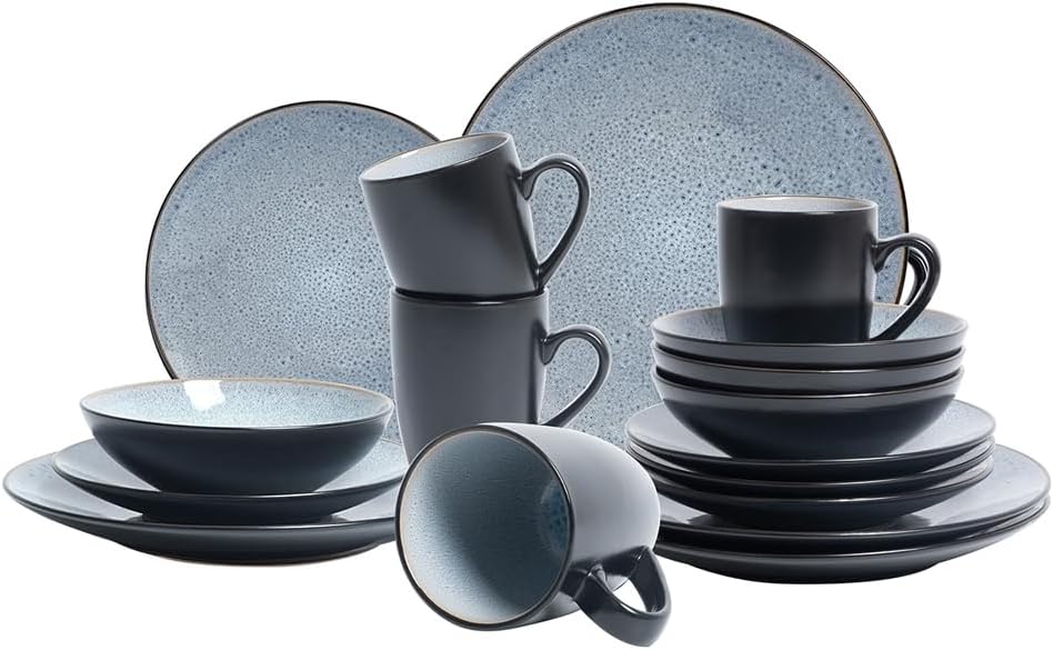 Stoneware Dinner Set Reactive Glaze (16pc Set, Grey)