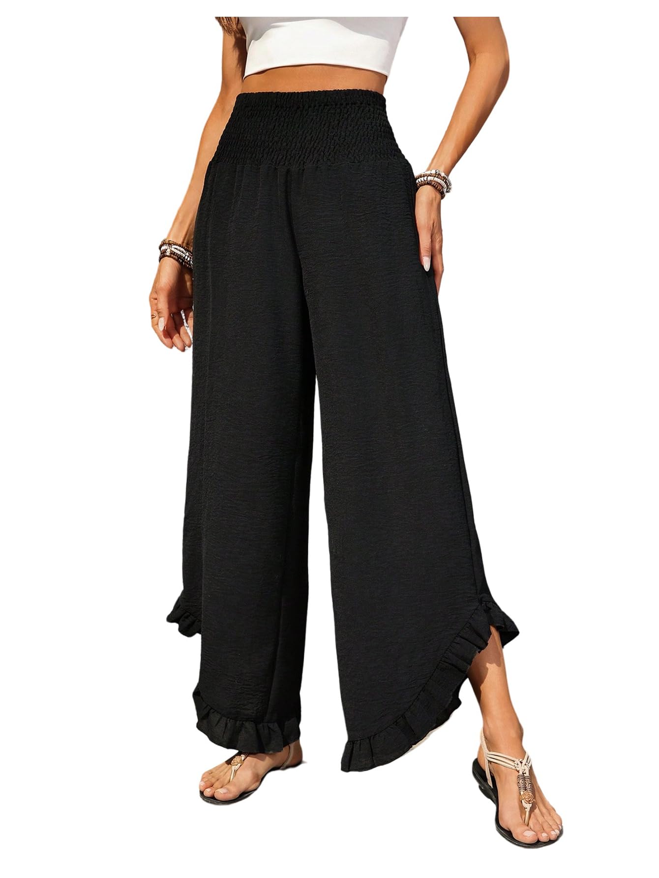 SOLY HUX Womens Pants Smocked High Waisted Wide Leg Ruffle Loose Pants Casual Beach Vacation Trousers