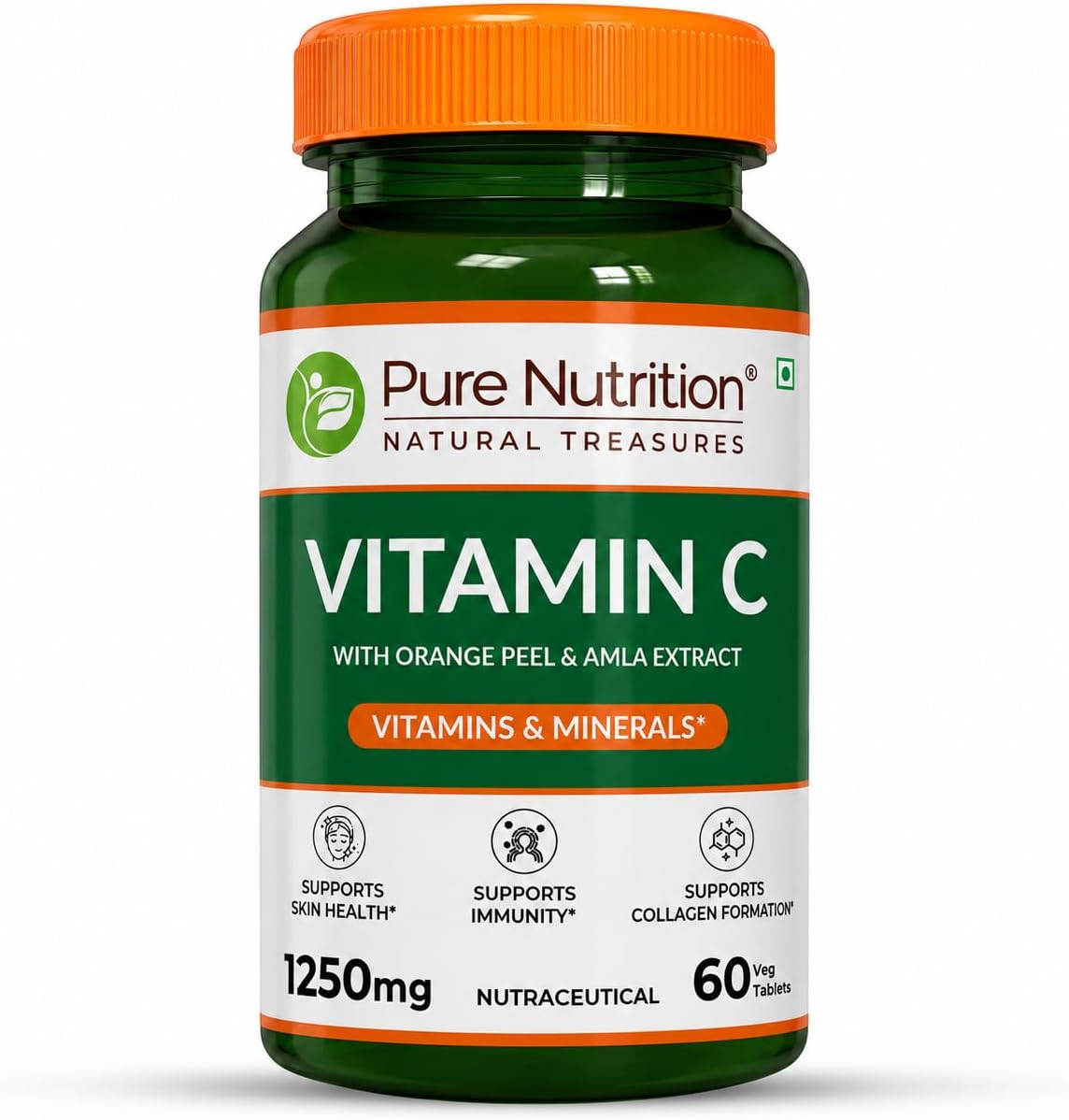 Pure Nutrition Plant Based Vitamin C Tablets | Vitamin C Supplements with Amla & Orange Peel Extract | Supports Collagen Formation & Fights Free Radicals for Healthy Skin Boosts Immunity & Skin Glow | Natural Antioxidant for Men & Women | 60 Veg Tablets