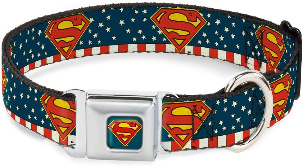 Buckle-Down Seatbelt Buckle Dog Collar - Superman Shield Americana Red/White/Blue/Yellow - 1" Wide - Fits 15-26" Neck - Large