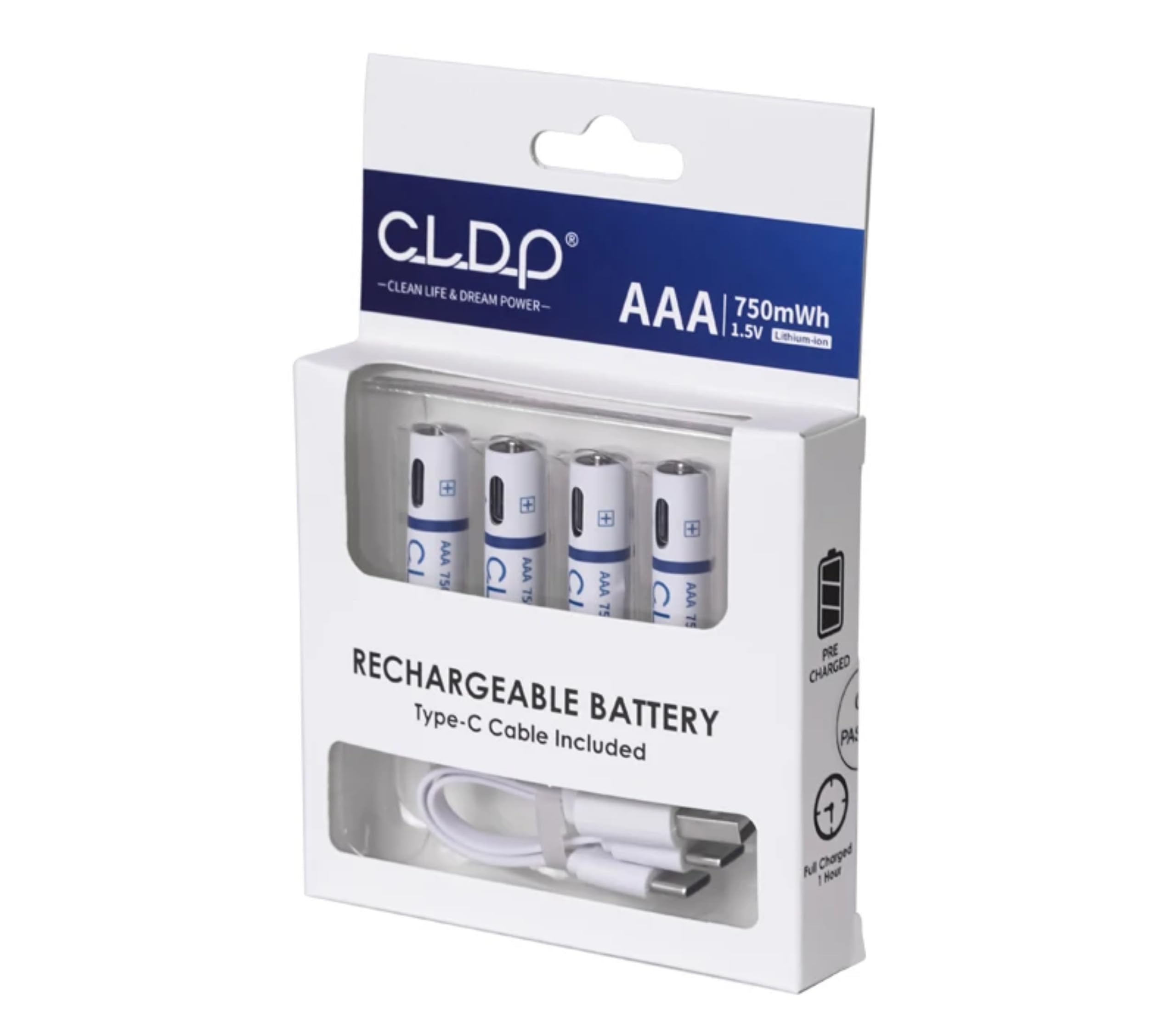 USB Rechargeable AAA Batteries, 1.5V Lithium-ion, with Type-C Charging Cable (750mWh)